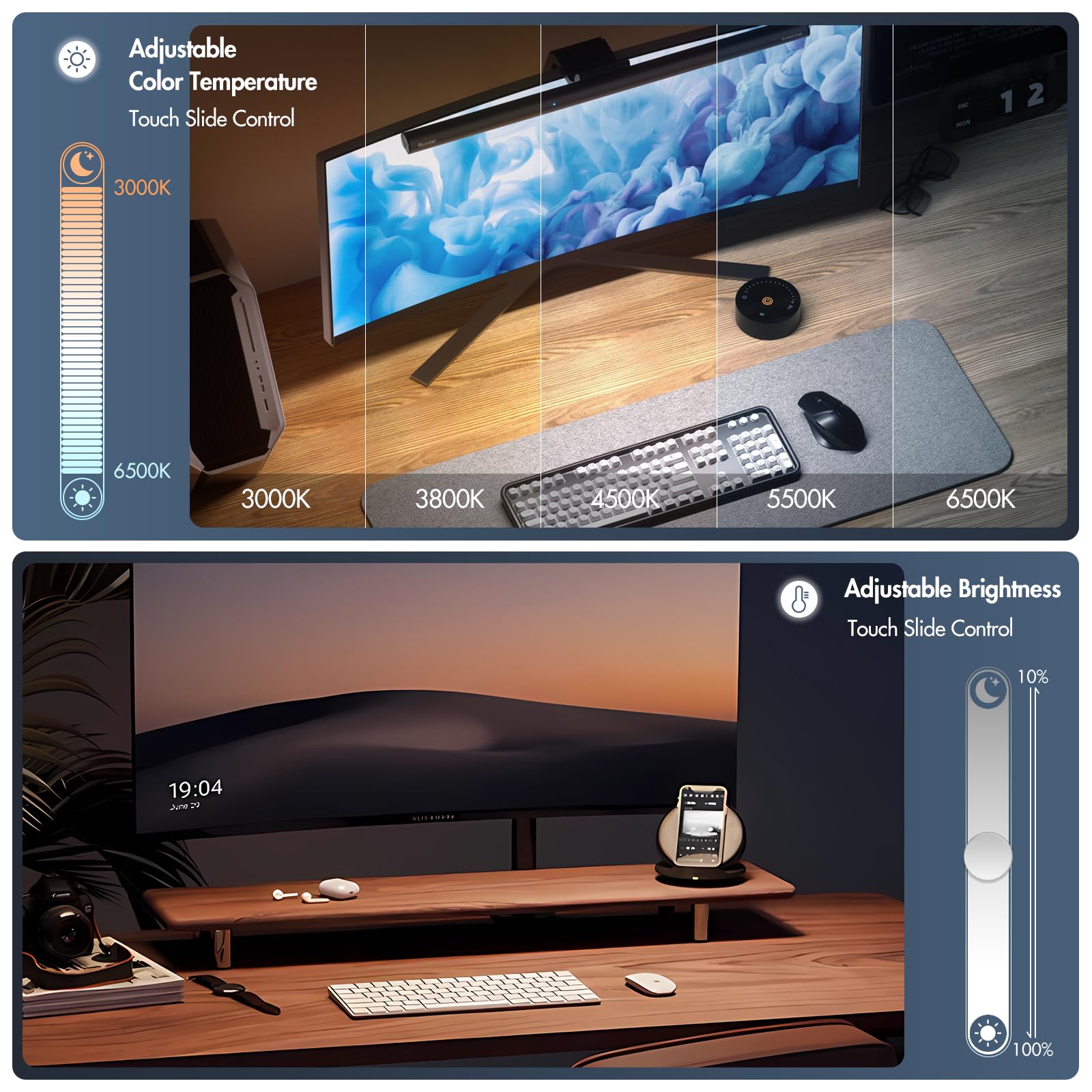 Quntis Gray Monitor Light Bar With Remote, Eye-Care, Auto-Dimming, No Glare For Curved Monitors