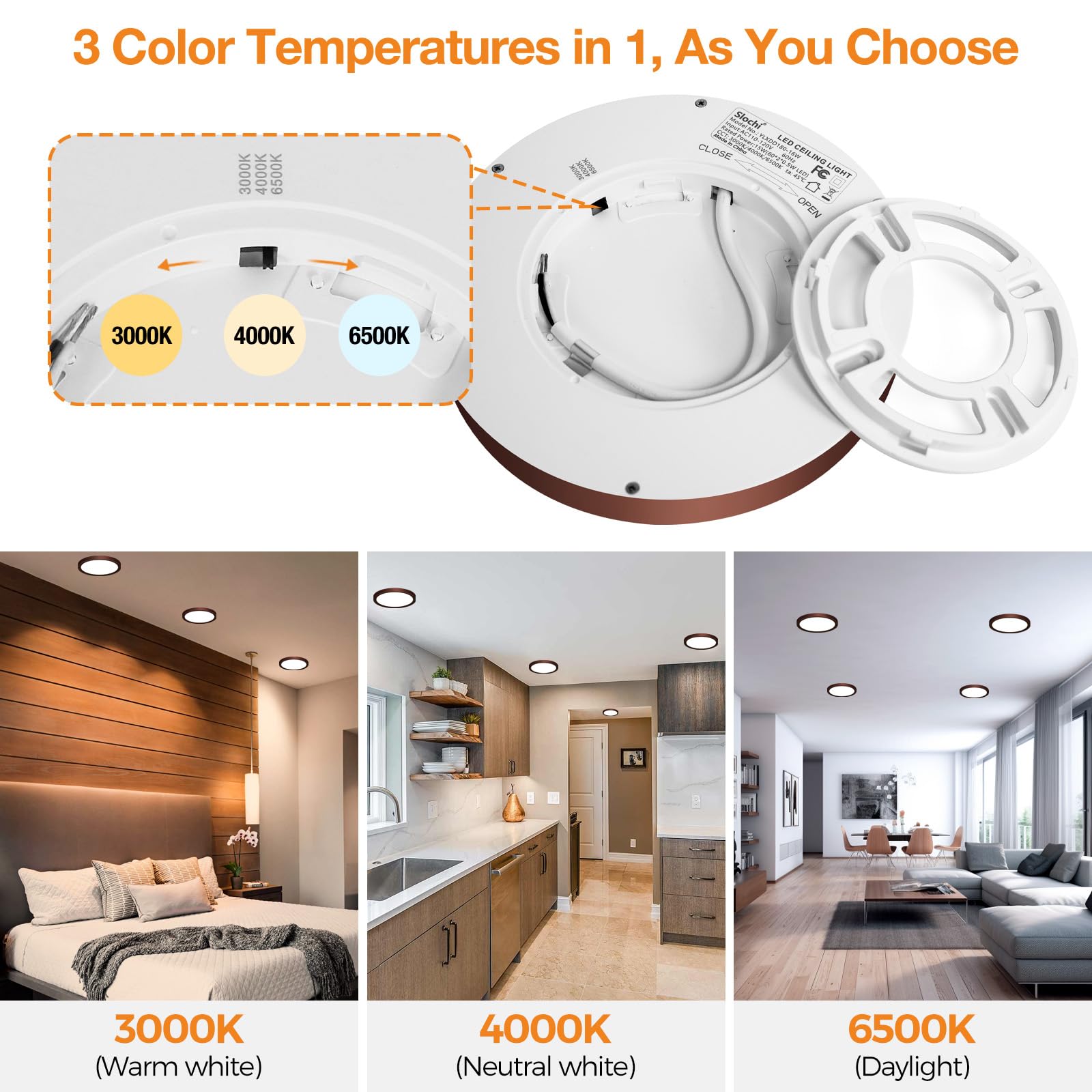 slochi LED Flush Mount Ceiling Light Fixture, 12W 1200Lm, 6.5 Inch, Oil-Rubbed Bronze, 3000K-4000K-6500