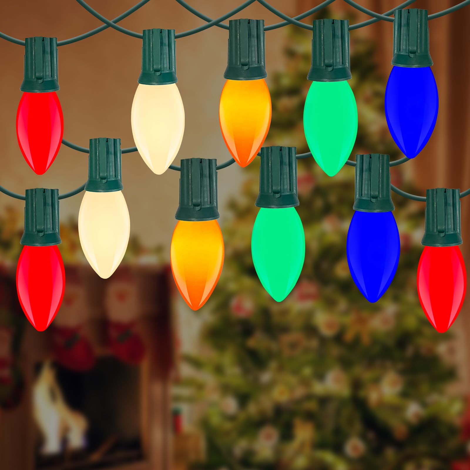 C9 LED Christmas Lights,25FT Vintage C9 Multicolor Christmas Lights Outdoor with 26 Colorful Ceramic LED Bulbs,Connectable Water
