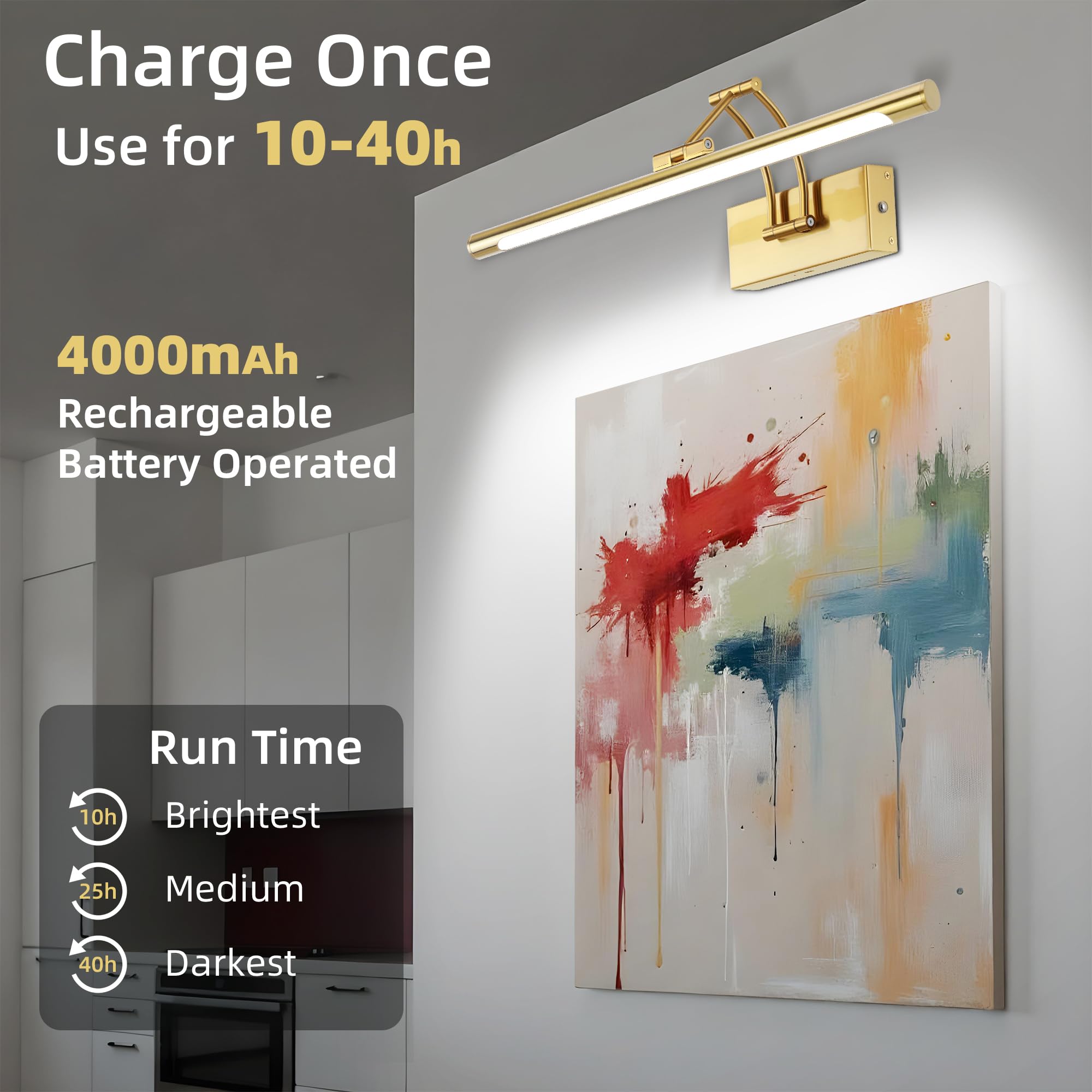 16 Picture Lights For Wall Battery Operated  Wireless Picture Light With Remote  Rechargeable Wall Light 3000K/4000K/6000K Dimmable  Art Lighting For discomfort-reducingtings Frame Gallery Dartboard Light  Brass