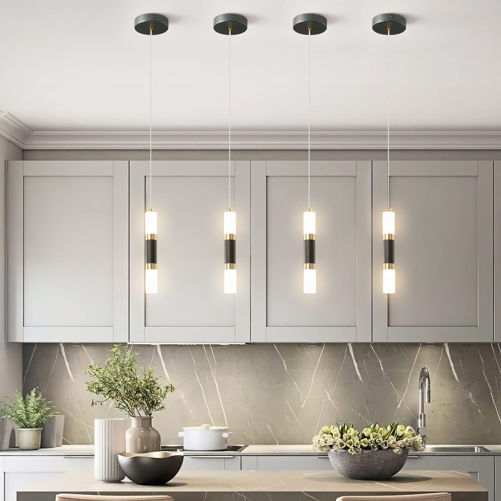 Liangmh Modern Kitchen Island Light Fixture Dimmable Led Black Mini Pendant Light Bedroom Bedside Table Black Gold Small Pendant Lighting (2-Pack)