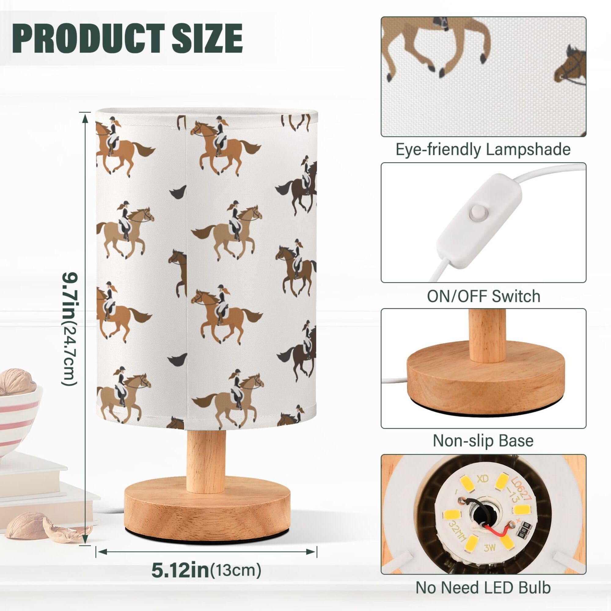 Yyzzh Table Lamp Cowgirl On Horse Pattern Nightstand Lamp With Wood Base Fabric Lamp Shade Bedside Desk Lamp For Living Room Bed