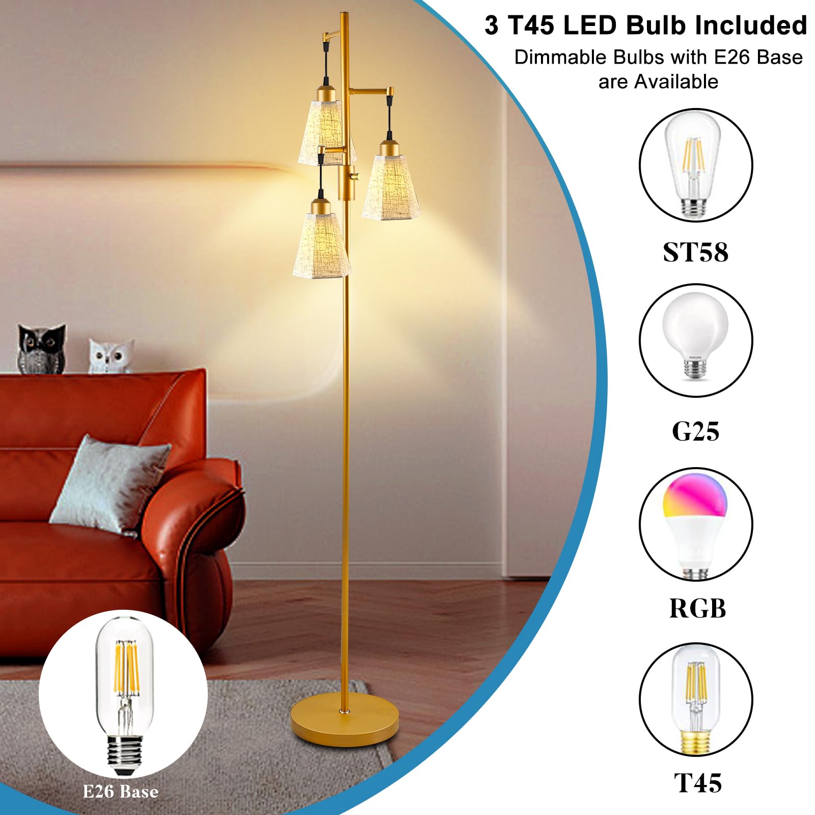 Lightdot 66In Led Floor Lamp With Patterned Lampshade, Vintage Standing Lamps With E26 Bulb Included & Fabric Shade, Modern Tall