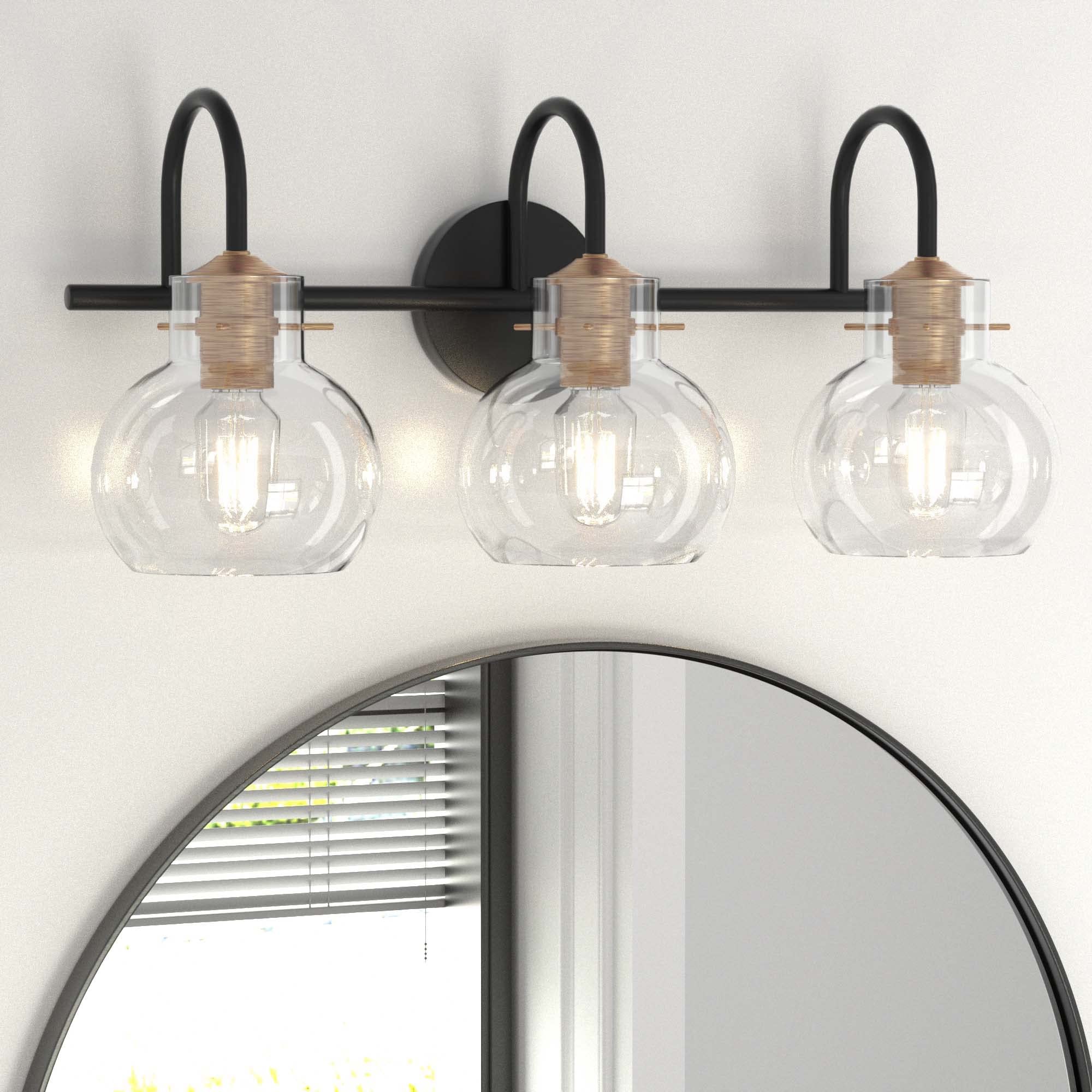 PAIHOME Bathroom Light Fixtures 3-Light Vanity Light, Black & Copper, Metal, 21-Inch, Globe Glass Shade, Model 2109-BG