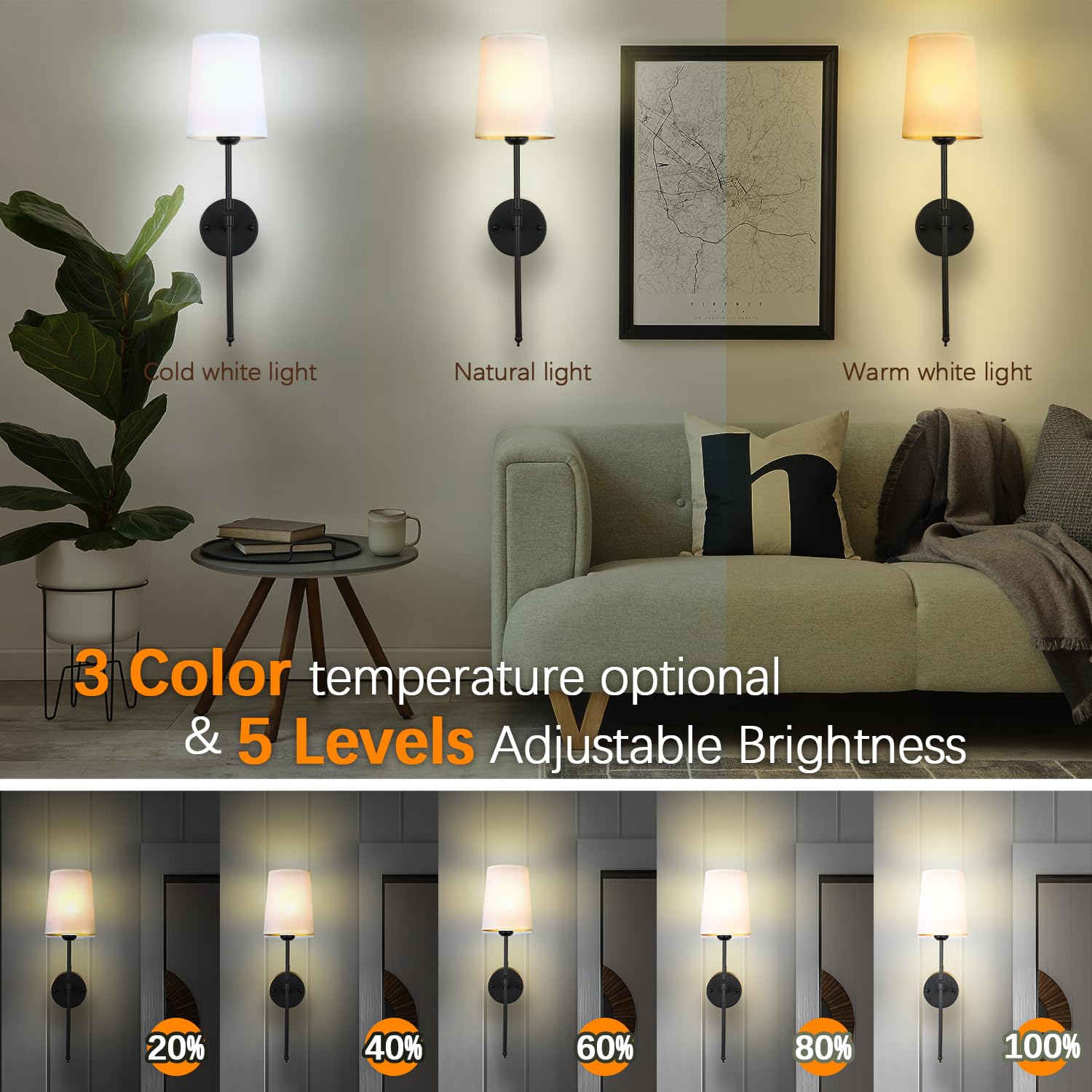 Troconce Wall Lights Battery Operated Wall Sconces Set Of 2, Black Rechargeable Wall Sconce With 15 Rgb Dimmable Detachable Bulb