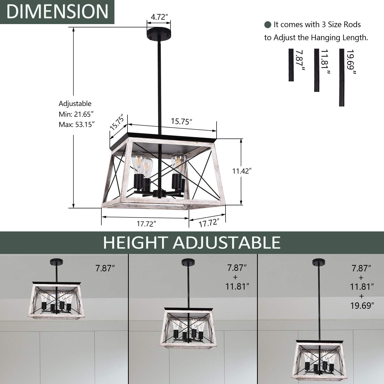 Luupyia 4-Light Farmhouse Pendant Light Fixture, Adjustable Vintage Chandelier For Dining Room