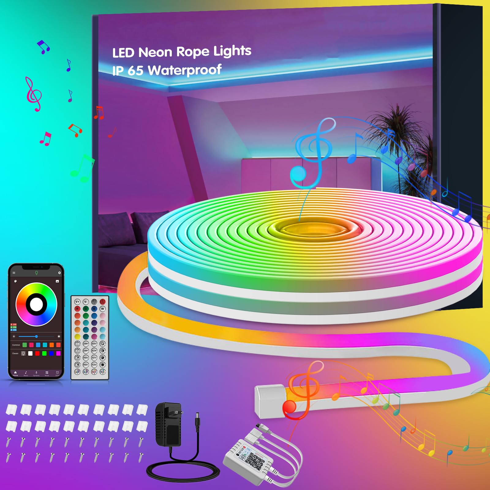 Ledagic RGB LED Neon Rope Lights, 32.8ft, IP65 Waterproof, Flexible Design, Remote Control, White, Model LedNeon002-2