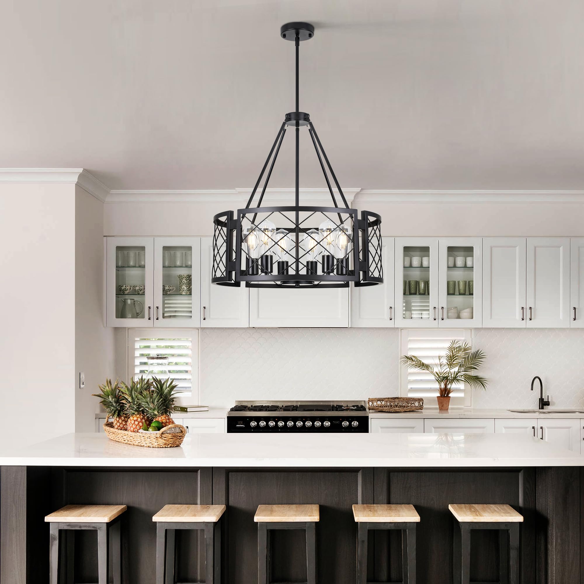 Sigaitwei 6-Light Farmhouse Chandelier Rustic Black Chandelier For Dining Room,Adjustable Pendant Light,Drum Chandelier For Kitc