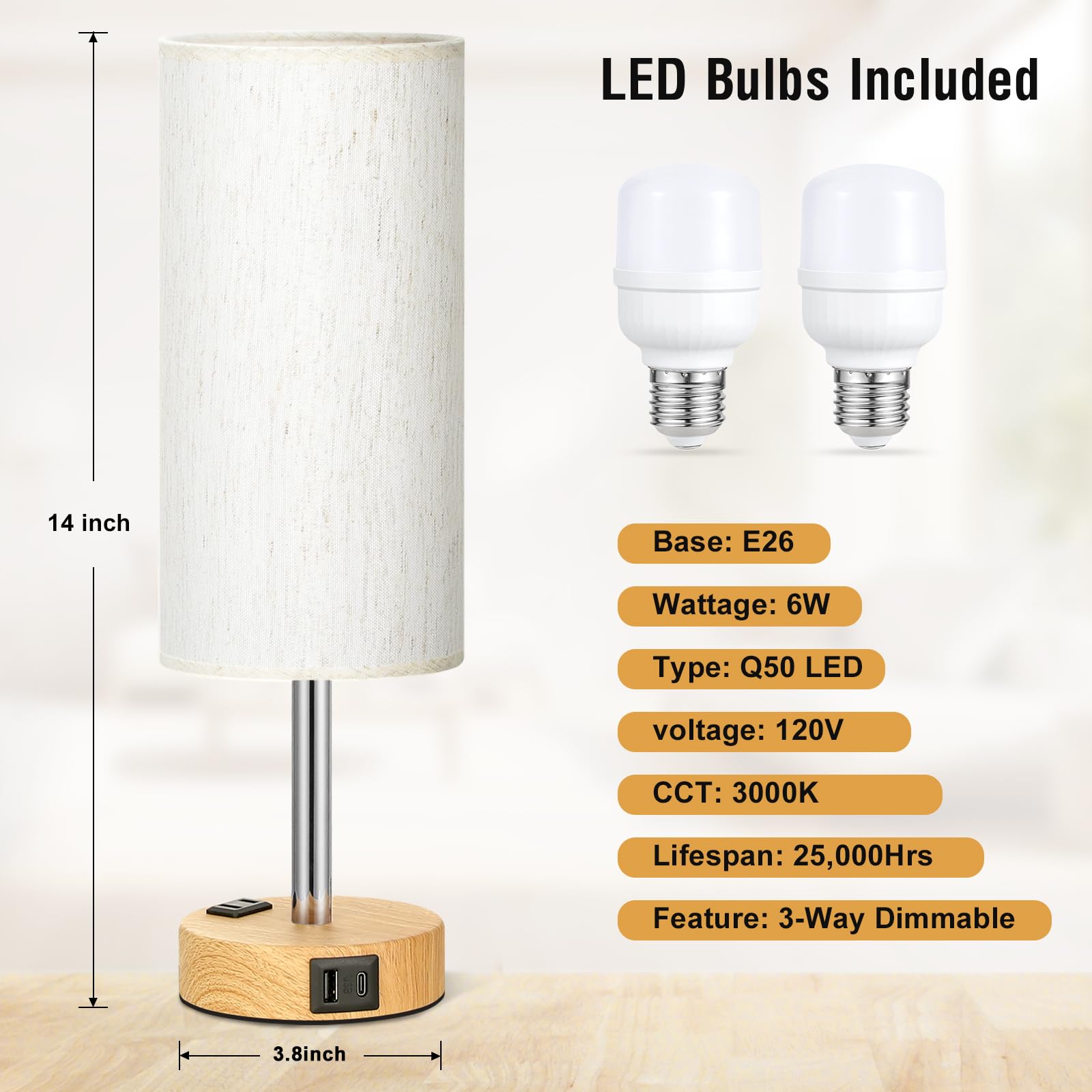 Fenmzee Small Touch Table Lamps Set Of 2-3-Way Dimmable, Usb A + C Charging, Ac Outlet, Wood Grain Base, Bulbs Included