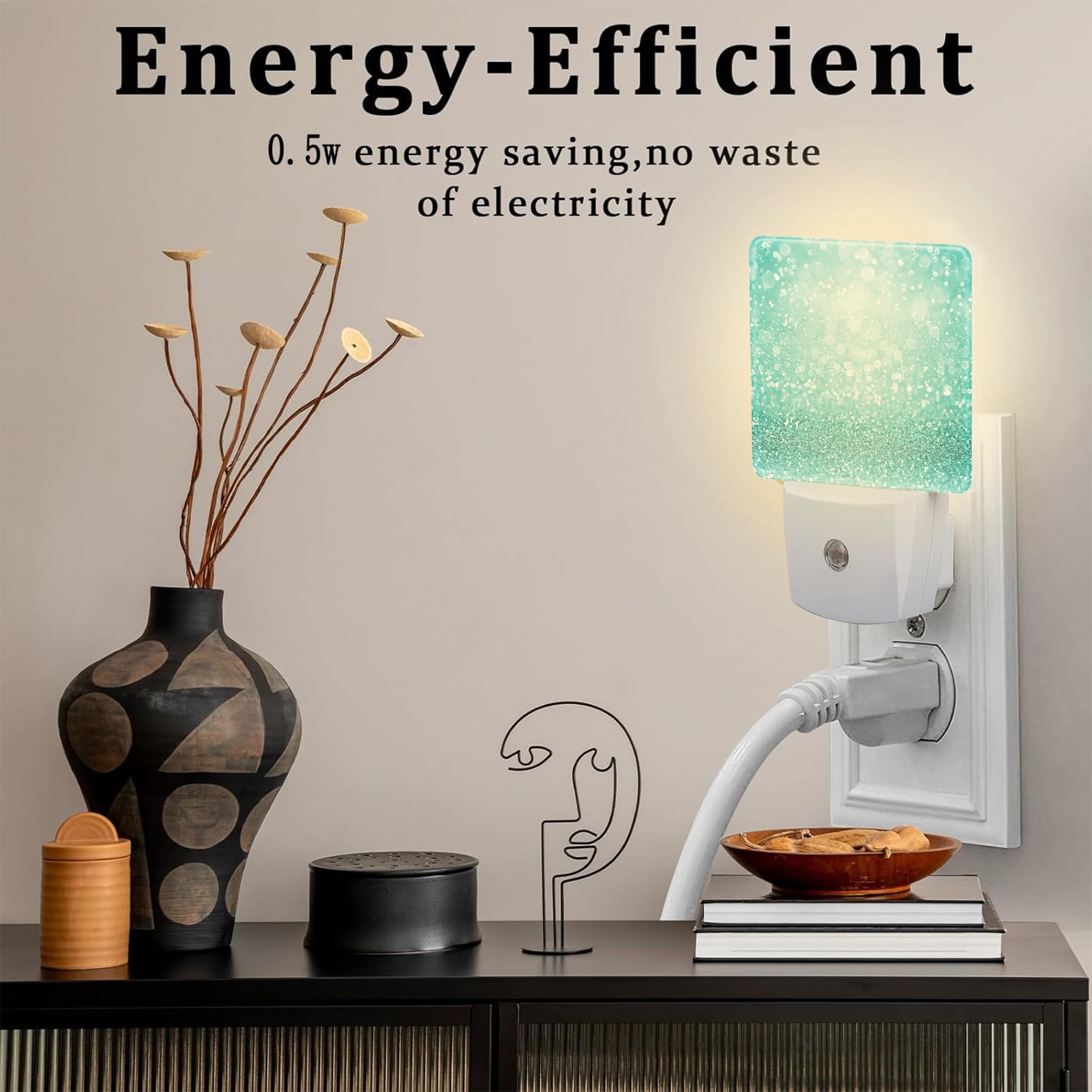 Sndheke Teal Turquoise Glitter Night Light Plug Into Wall, Green Sparkle Bling Dusk To Dawn Night Light Plug In,0.5W Energy Savi
