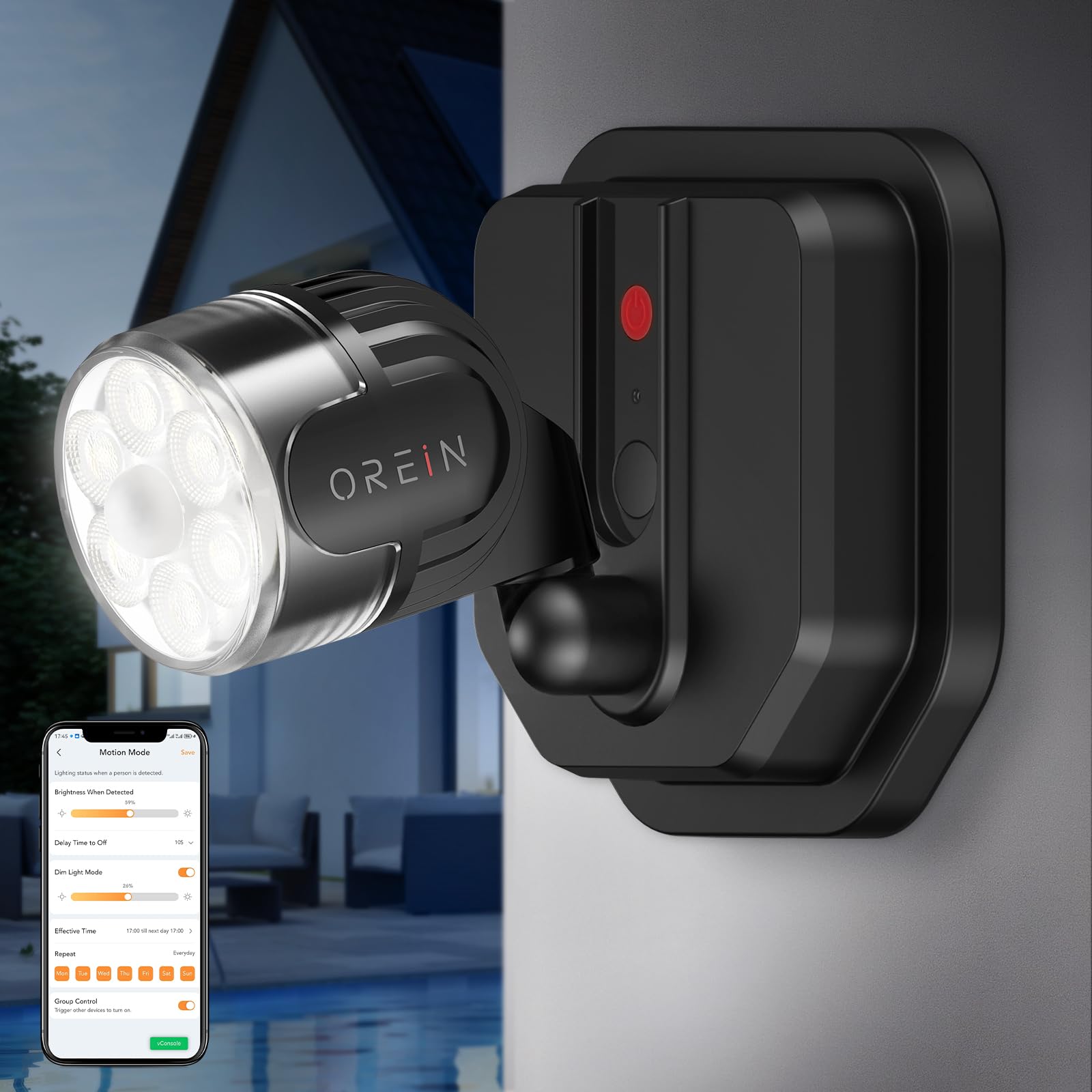 OREiN Outdoor Motion Sensor Light, Smart 1 Head LED Flood Light, Bluetooth Control, IP65 Waterproof, Black, Model OL1900156
