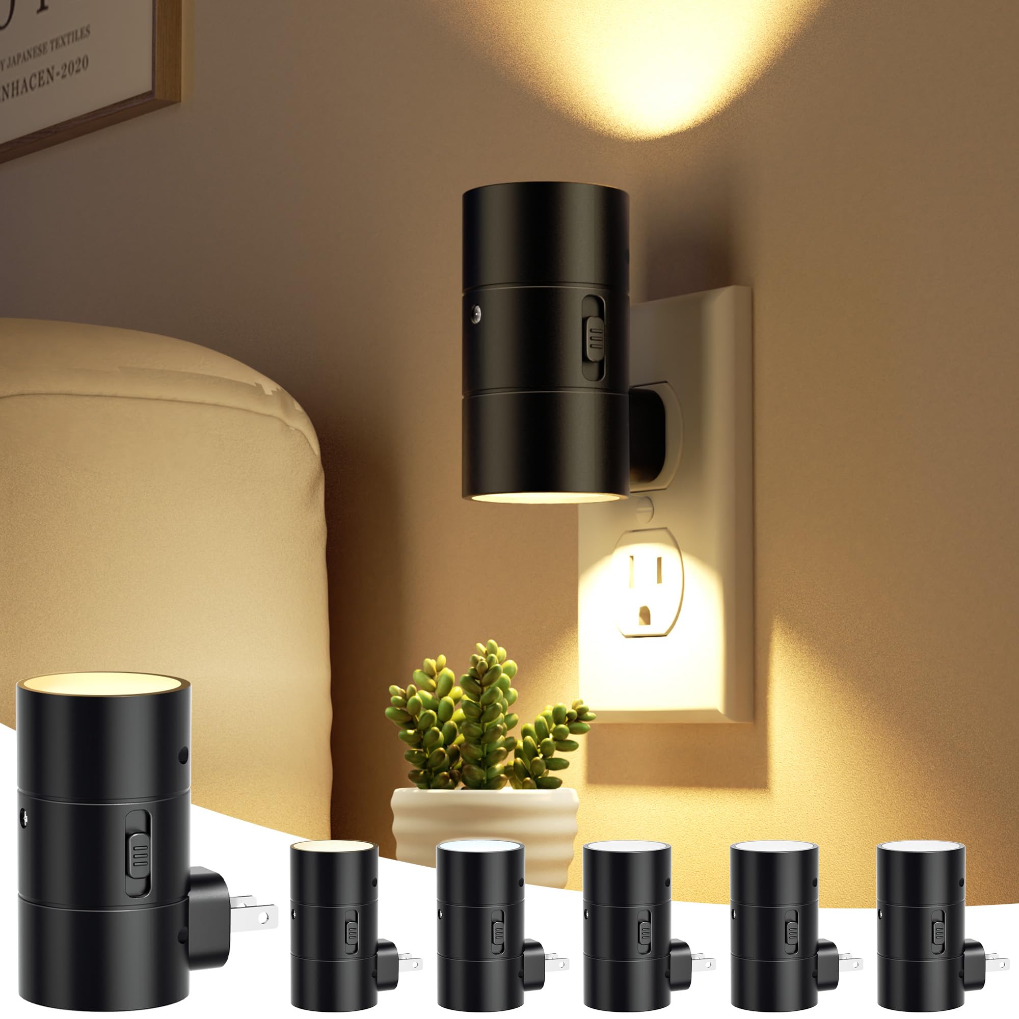 JOFIOS Night Lights Plug Into Wall 3 Color Temperatures LED Night Light Plug in Dusk to Dawn Sensor 0-100LM Adjustable Brightness Dimmable Night Lights for Hallway Bathroom Stair Bedroom Black 6 Pack
