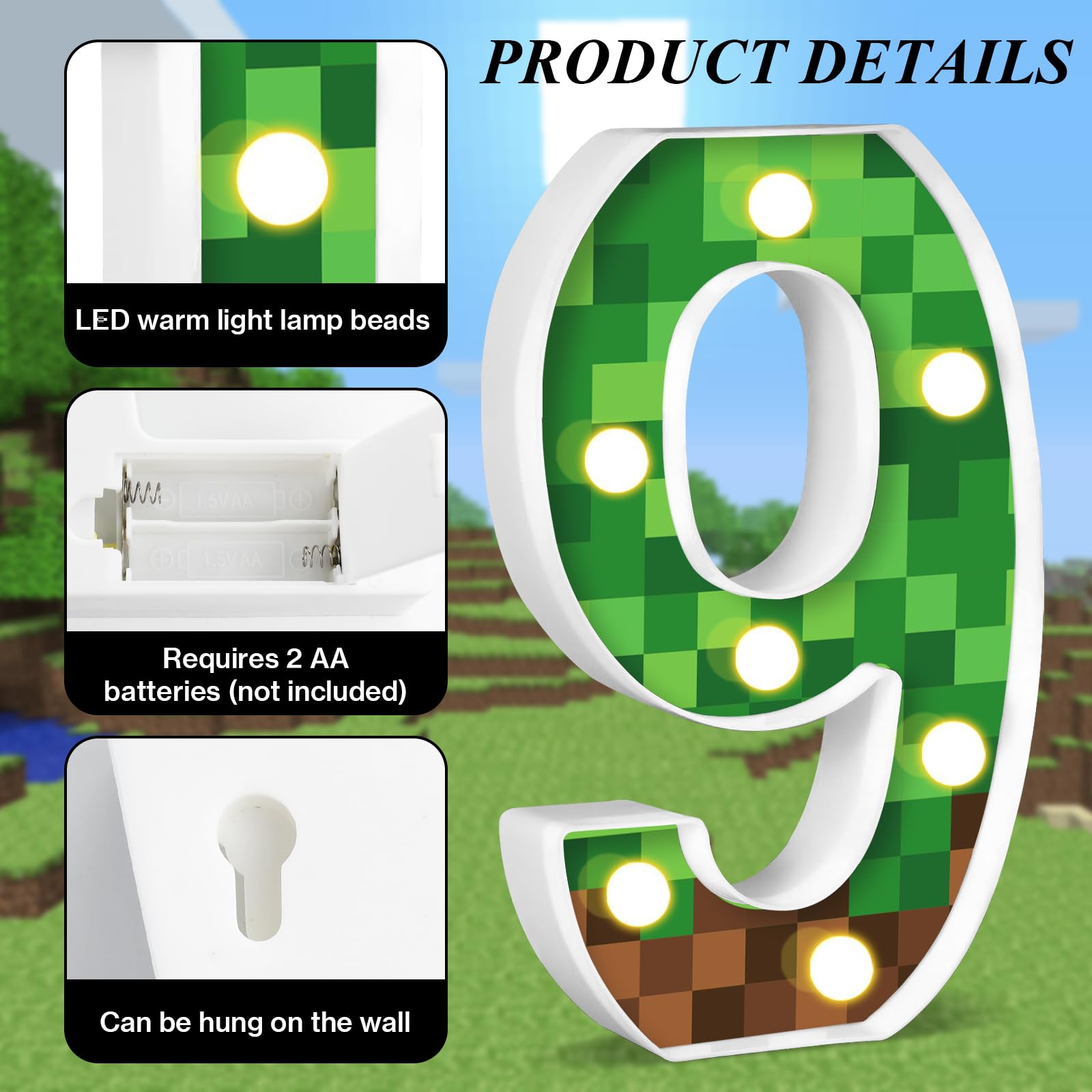 AXBMM Pixel Game Light Up Sign, Number 9, 8.5in LED Birthday Decoration, Green/Brown, Model XY-371