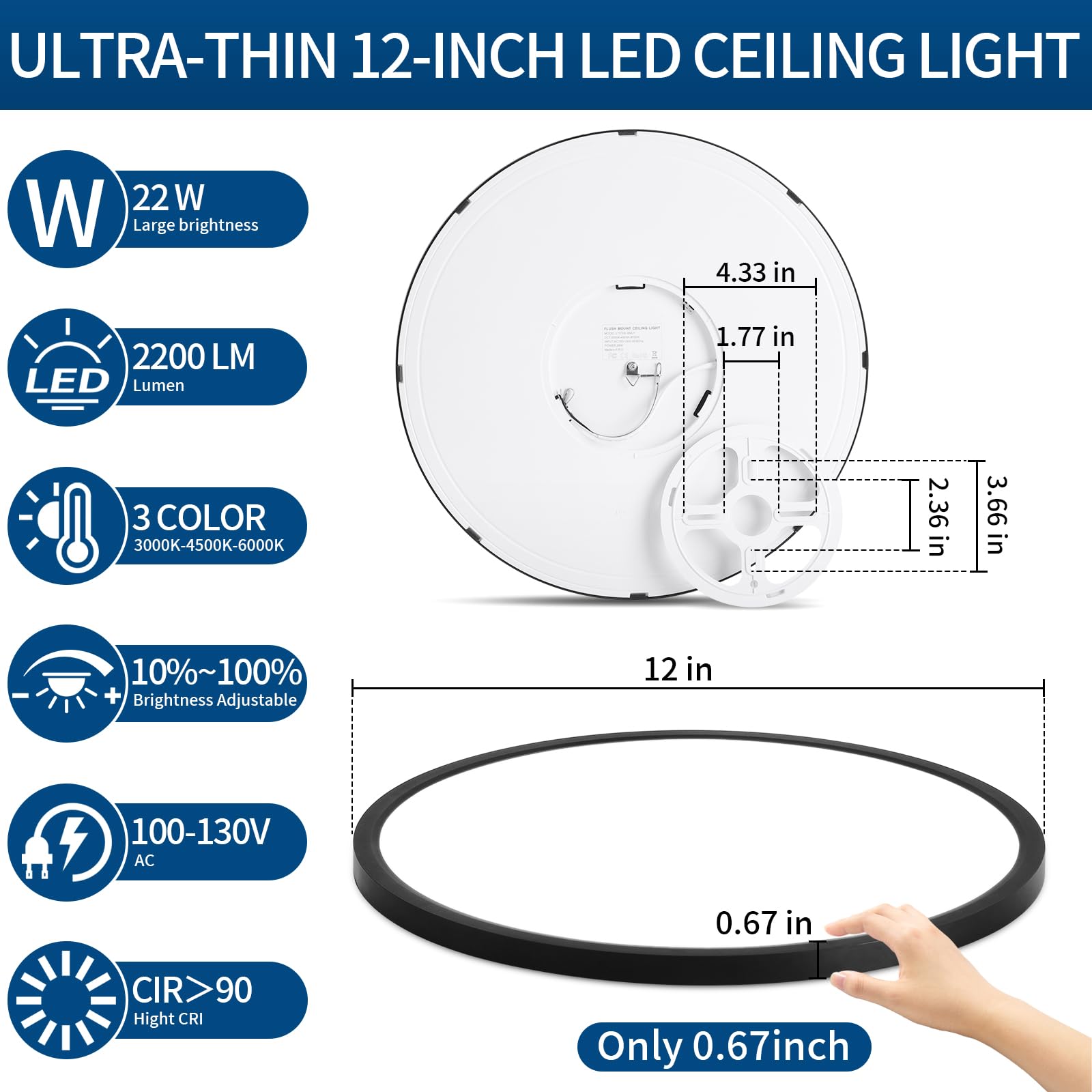 Glowall Modern 12'' Led Ceiling Light Fixture, Ultra Thin Flush Mount, Dimmable & 3000K/4500K/6000K Selectable, 22W 2200Lm, Blac