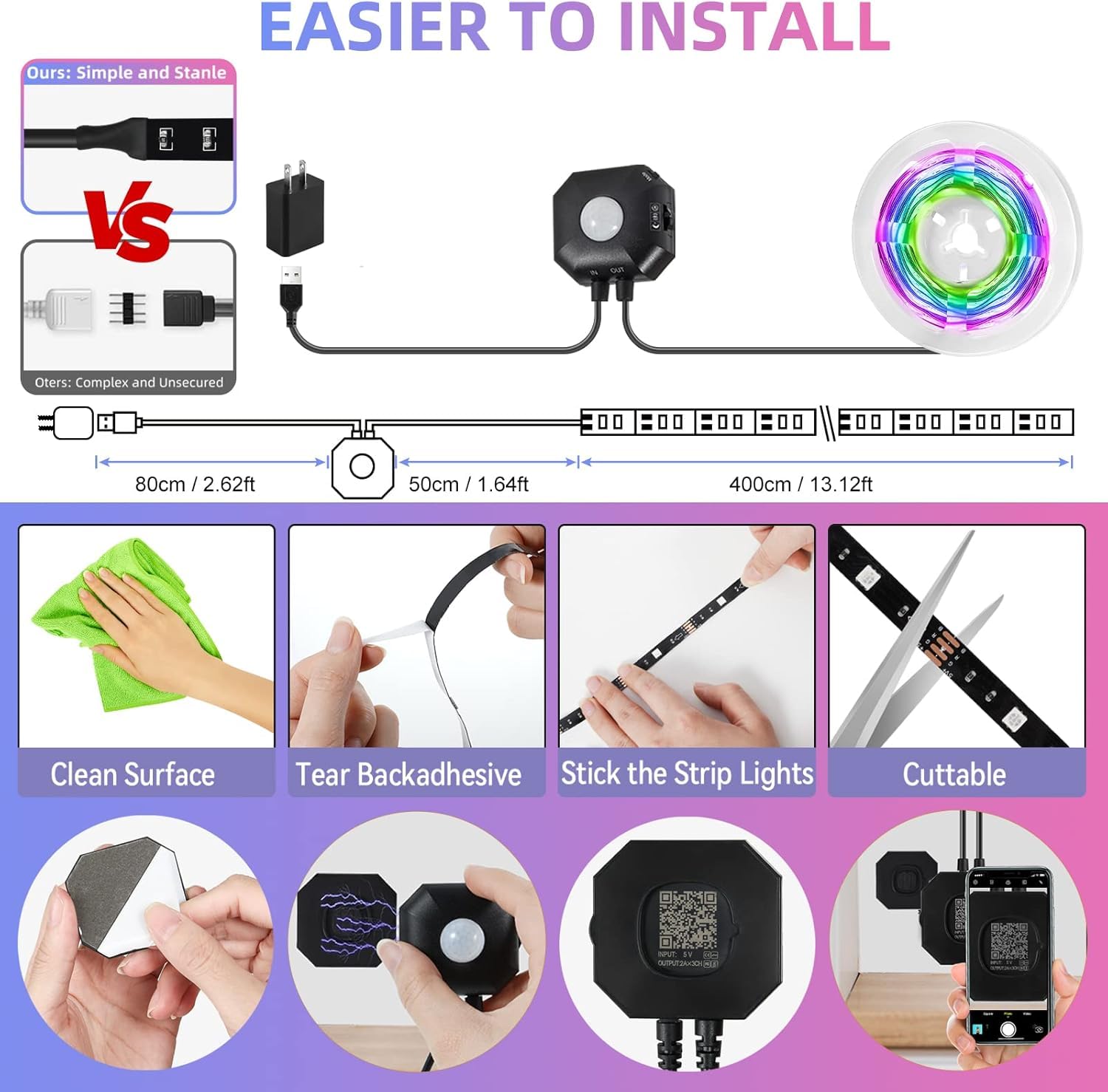 HUEMIHUI Motion Sensor LED Strip Lights, RGB Color, 2 Kits, 13.12Ft Each, Polyvinyl Chloride, App & RF Remote Control