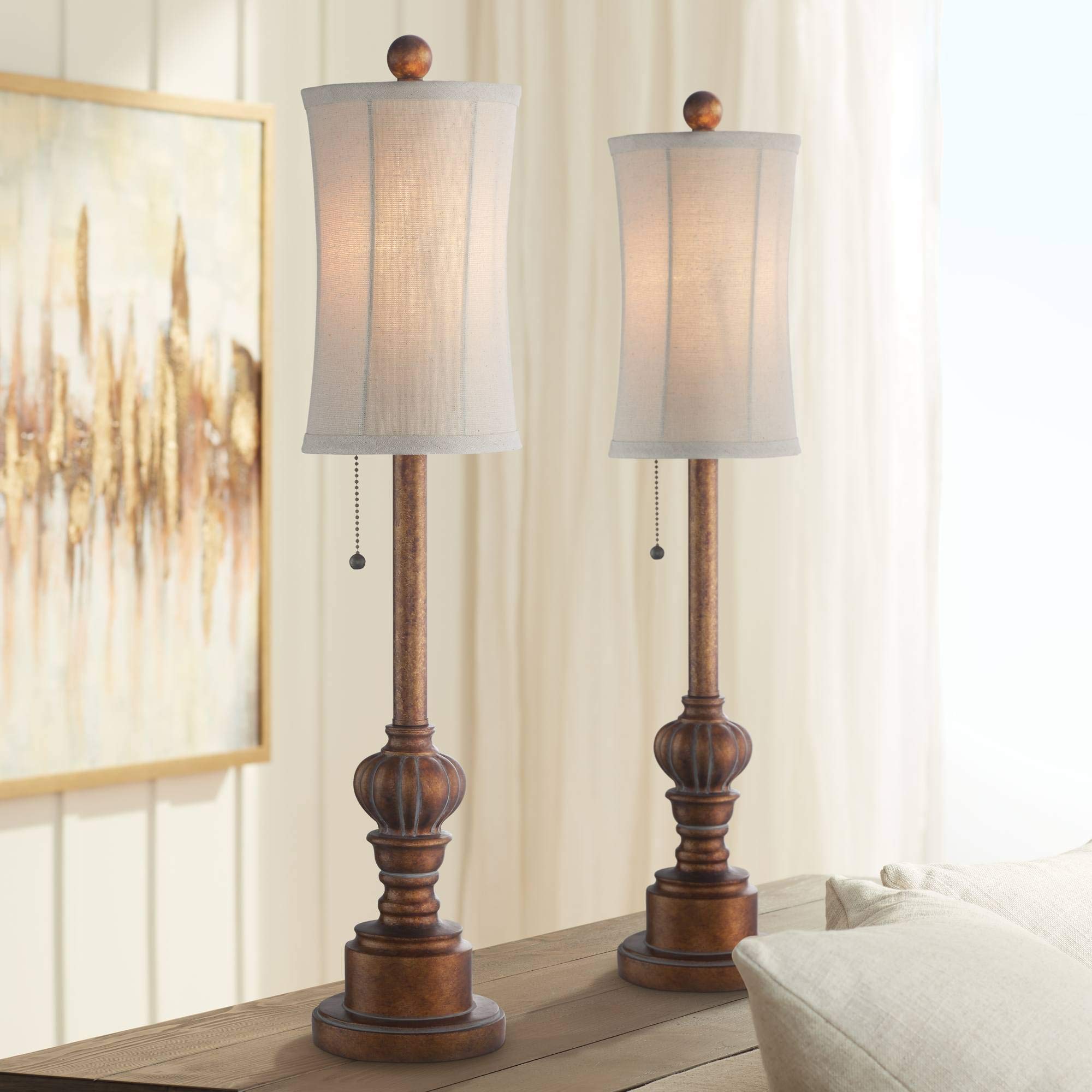 Regency Hill Buffet Table Lamps Set of 2, 28in Tall, Dark Brown Wood Tone with Fabric Drum Shades