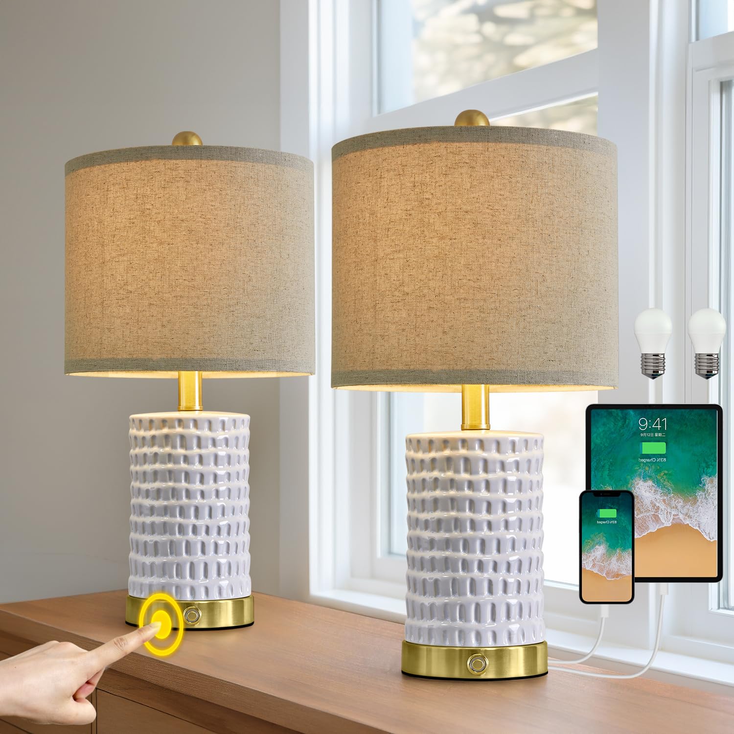 Portres 19'' Farmhouse 3-Way Dimmable Touch Ceramic Table Lamp Set Of 2 White Bedside Lamps For Bedroom Lamps For Living Room Ni