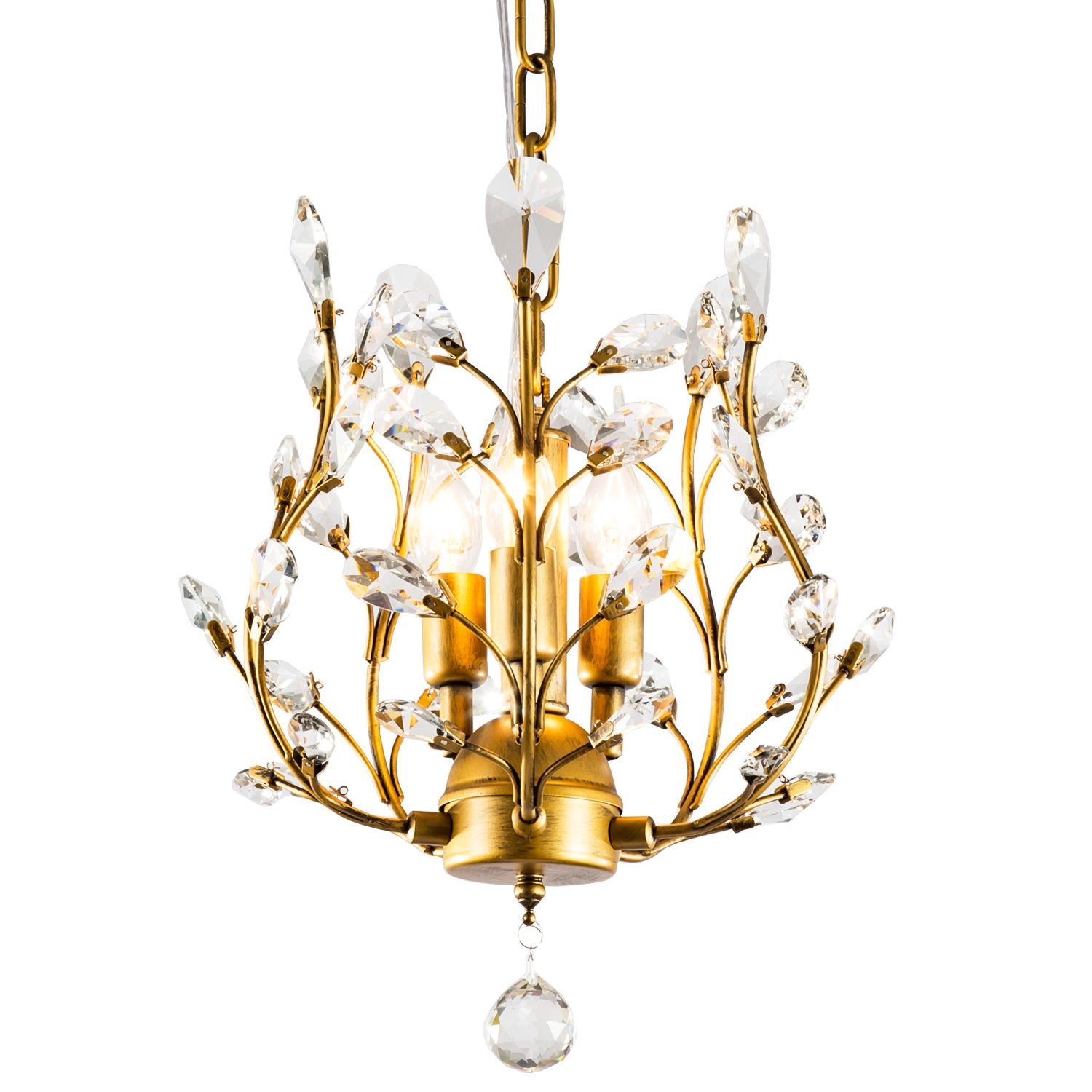 Garwarm 3-Light Crystal Chandelier, Iron and Crystal Ceiling Light Fixture, Gold Finish for Living Room, Bedroom, Restaurant, Porch
