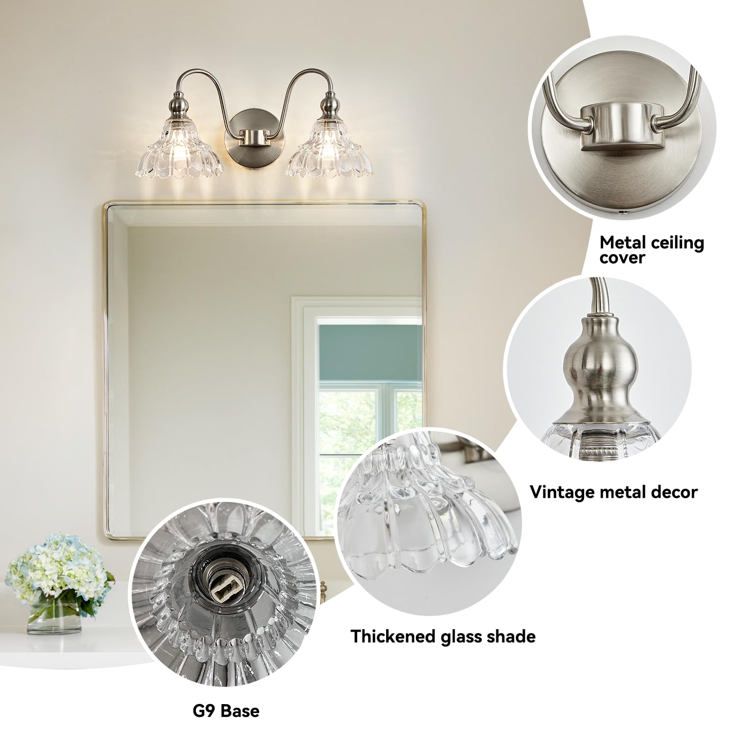 TLOLGT 2-Light Bathroom Vanity Light Fixtures, Brushed Nickel, Glass, Model SN66-2, Modern Vintage Wall Sconces for Home Decor