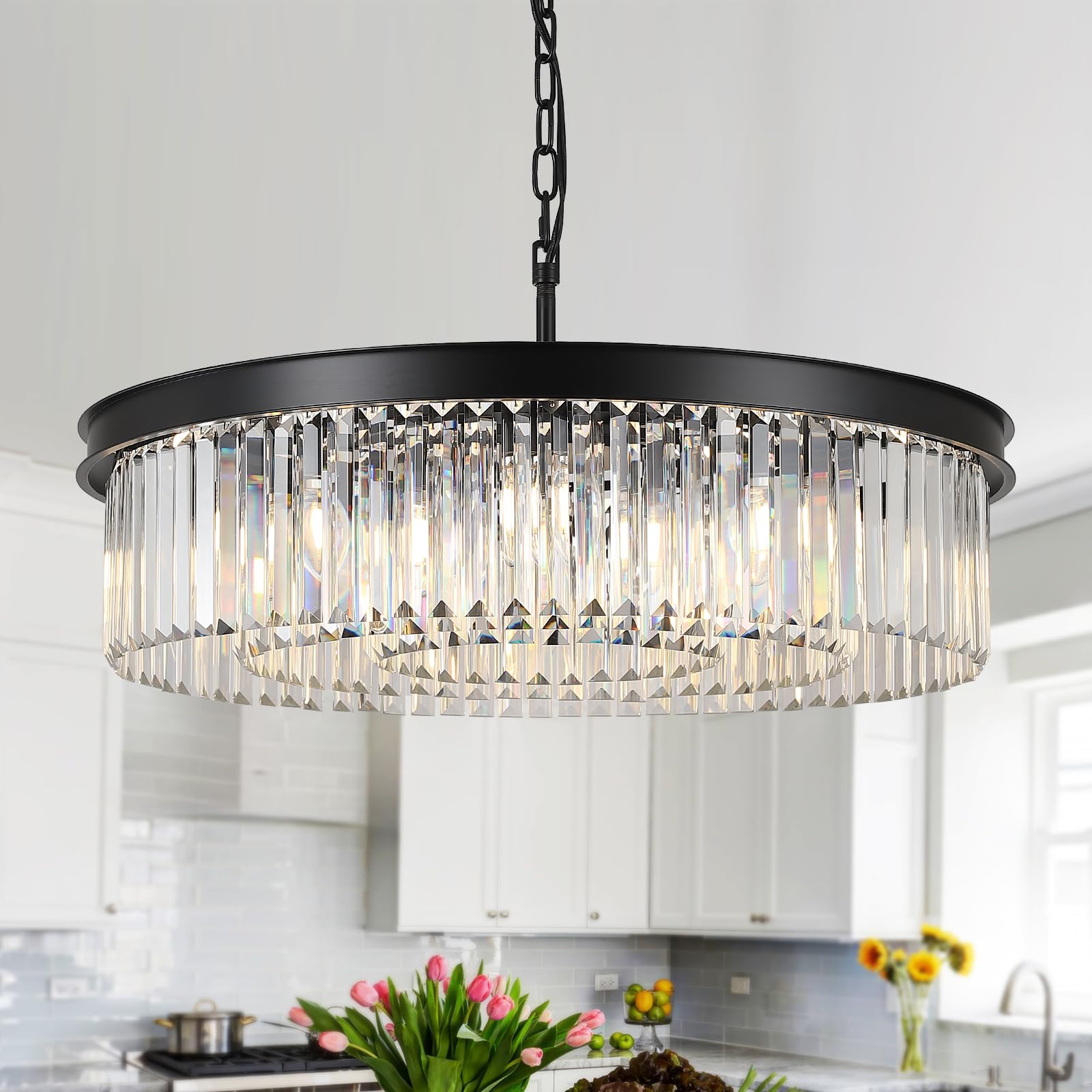 A AXILIXI 30in  Modern Crystal Chandelier, 12-Light, Black Metal, K9 Crystal, Model 88317, Ideal for Living Room, Dining Room, Foyer