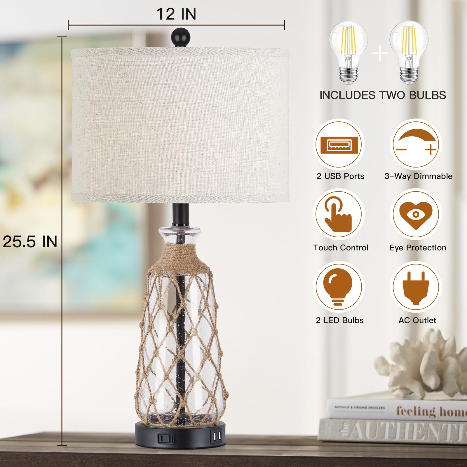 Ruzectt 25.5" Coastal Glass Table Lamps Set Of 2, 3-Way Dimmable Touch Control Bedside Lamps With 2 Usb Ports And Ac Outlet, Clear Nautical Nightstand Lamp For Bedroom Living Room (Led Bulbs Included)