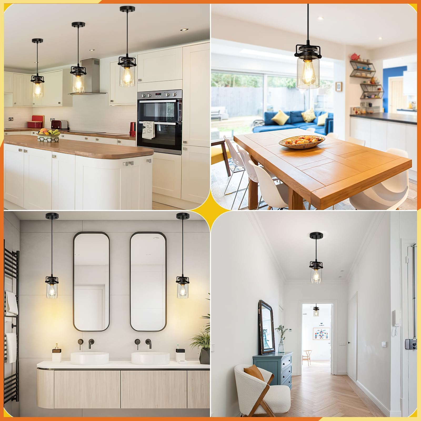 Industrial Pendant Lighting For Kithen Island  Black Pendant Light Fixture With Clear Glass Shade  Modern Mini Ceiling 3 Light Fixture Adjustable Kitchen Island Lighting(E26 Base)
