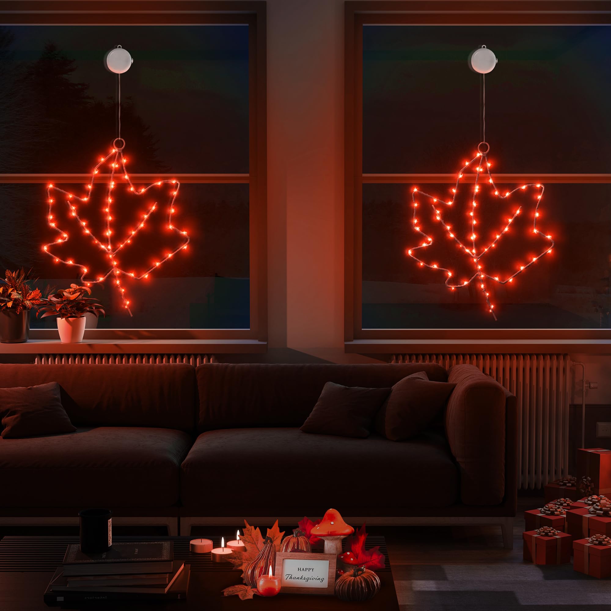 BlcTec Thanksgiving Window Lights, 10-Inch, Battery Operated, Metal Frame, Red, Model BT72, 2 Pack with Suction Cups