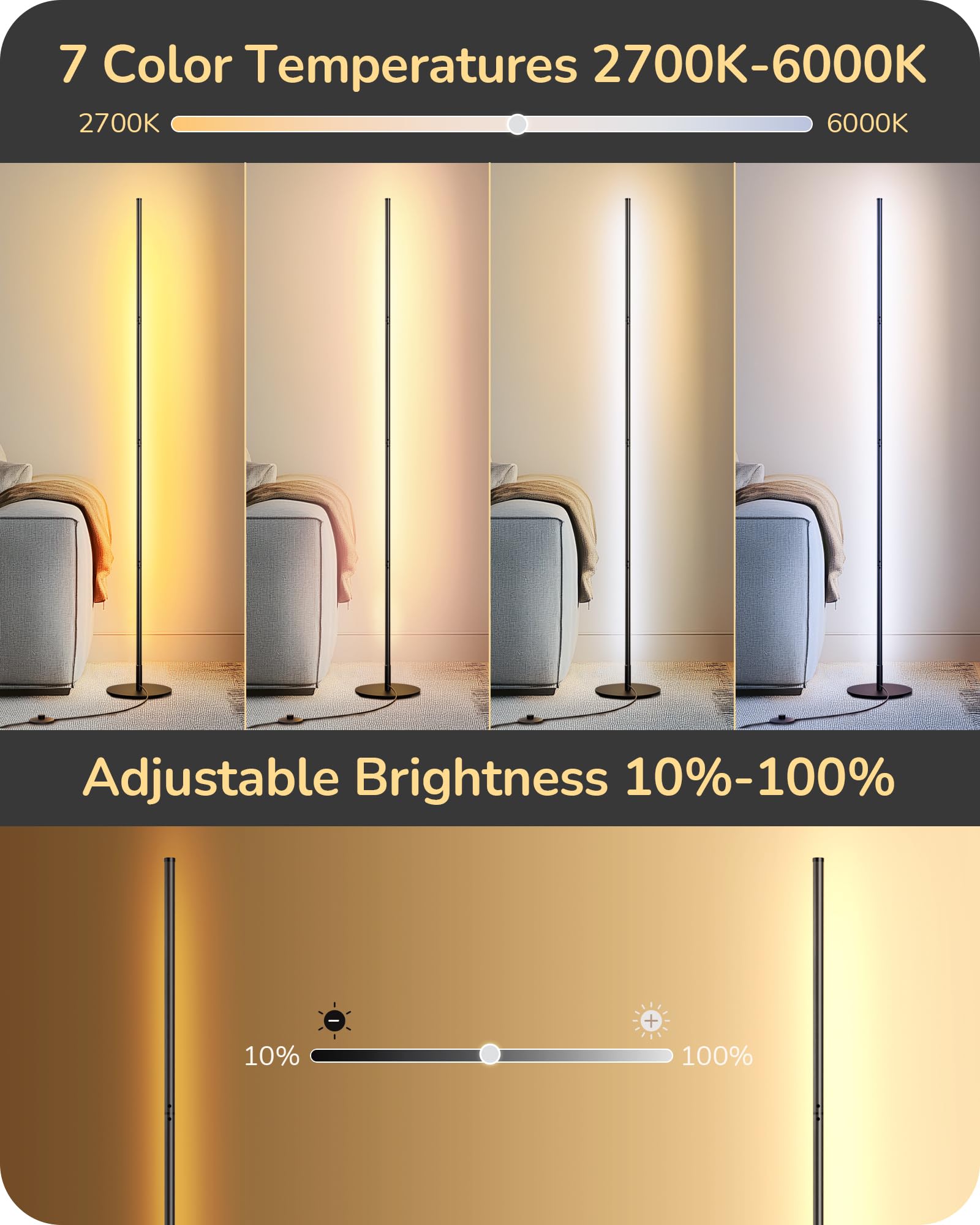 EDISHINE Dimmable Corner Floor Lamp, 3 Color Temperatures, 57.5in Aluminum, Black