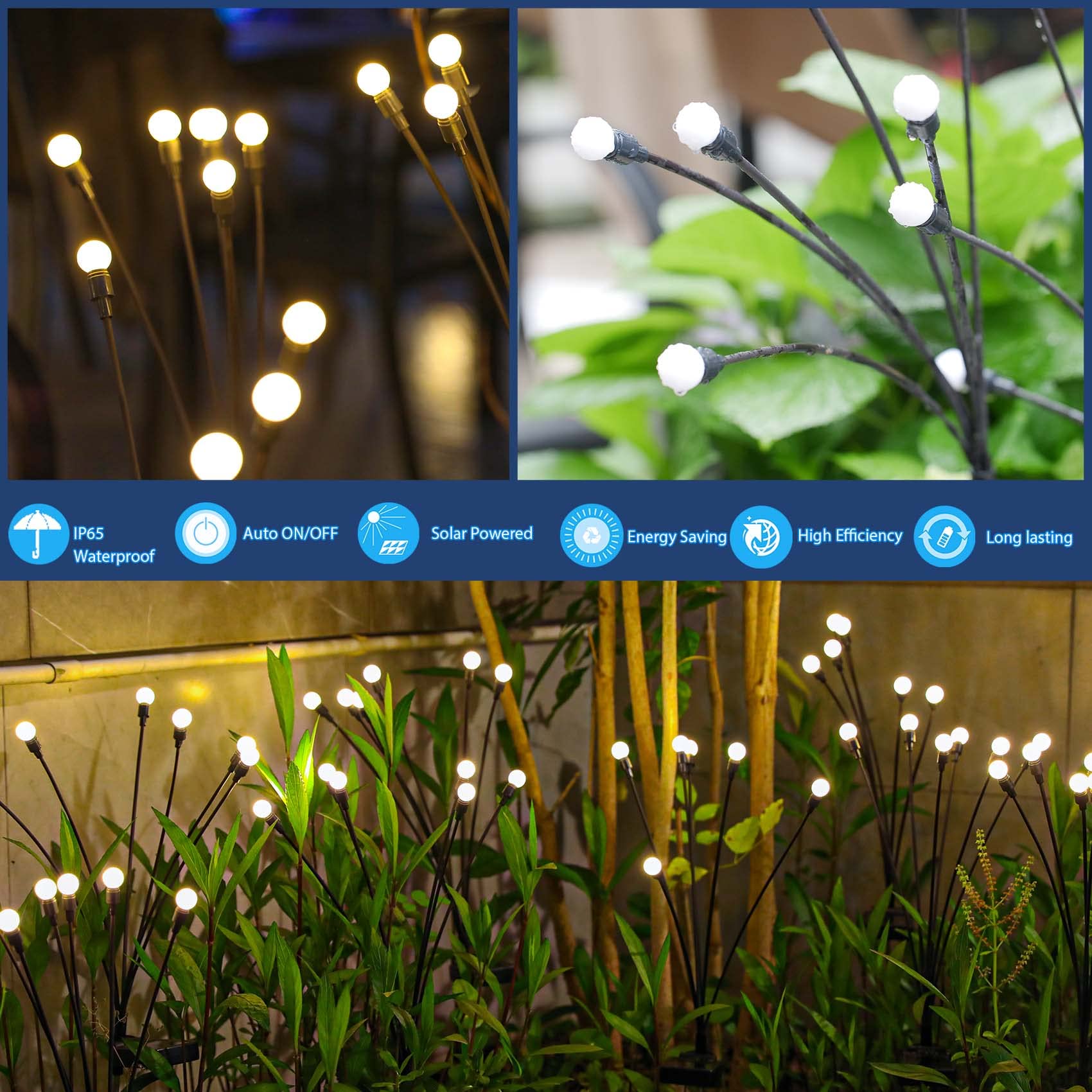 TONULAX Solar Garden Lights - 2 Pack Warm White Solar Firefly Lights, High Flexibility Iron Wire, Outdoor Yard Patio Decoration