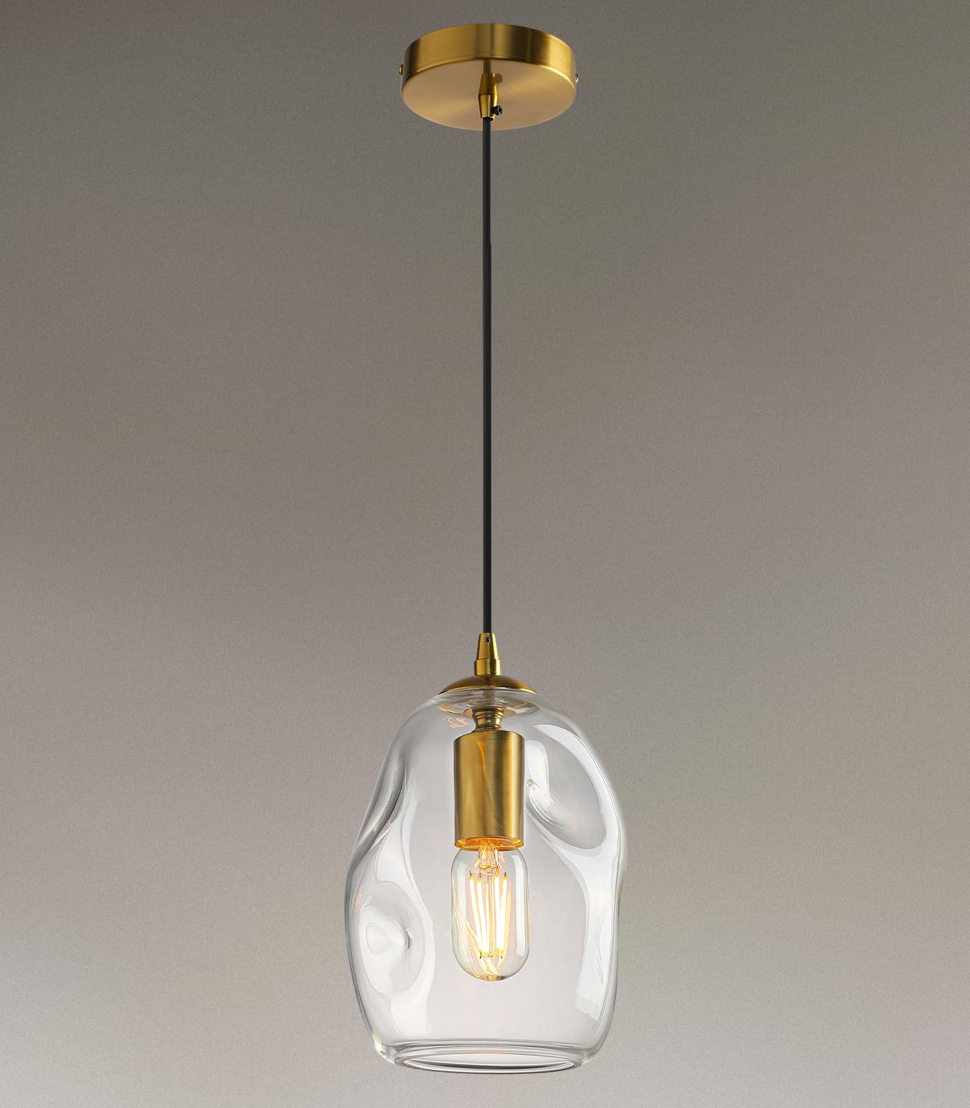 Munbea Handblown Art Glass and Brushed Gold Hardware Pendant Light with E26 Socket - Modern Minimalist Hanging Lamp for Kitchen 