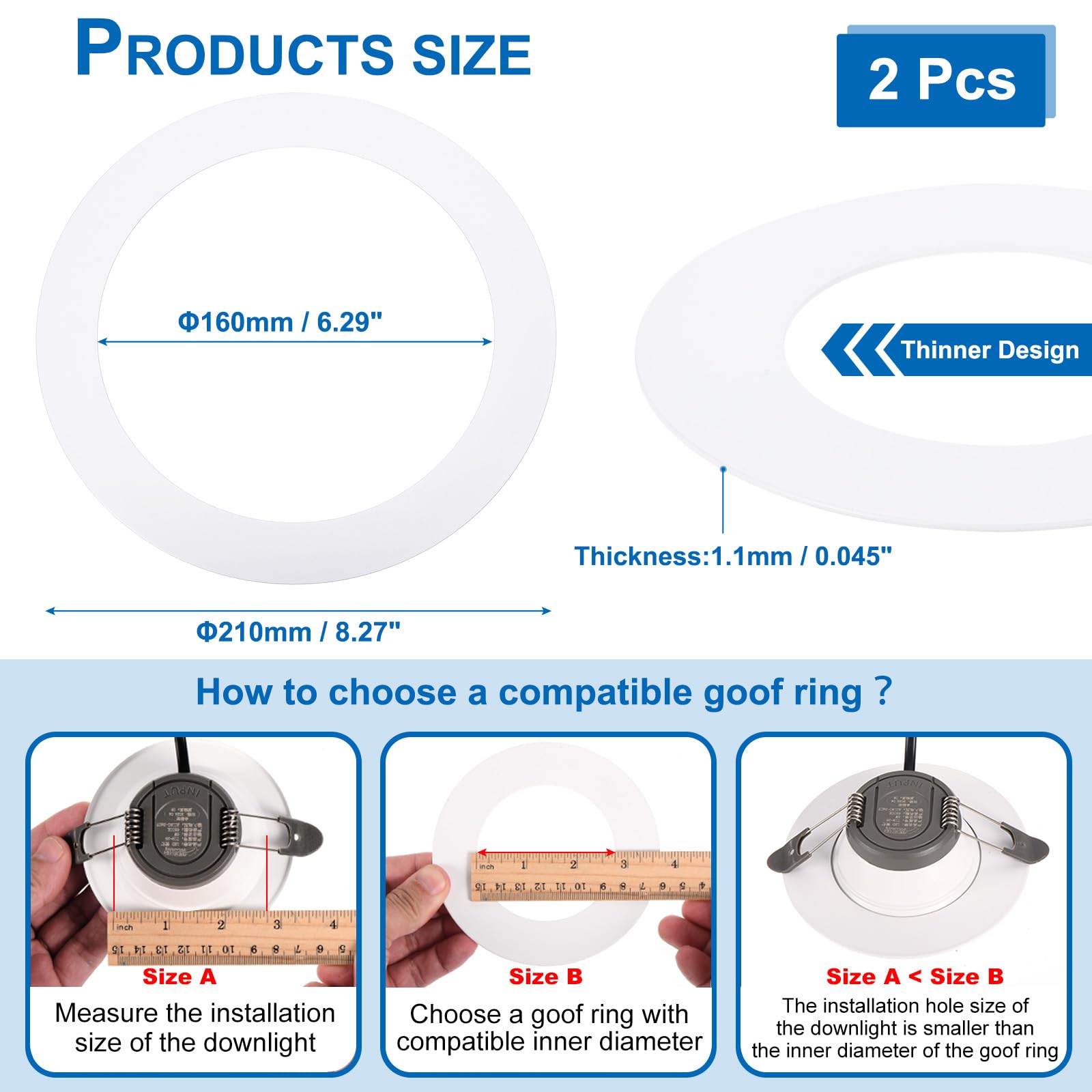 Patikil Metal Goof Trim Ring, 2 Pcs 8.27'' Od 6.3'' Id Circular Ceiling Light Trims Ring Recessed Light Cover Ring For Recessed