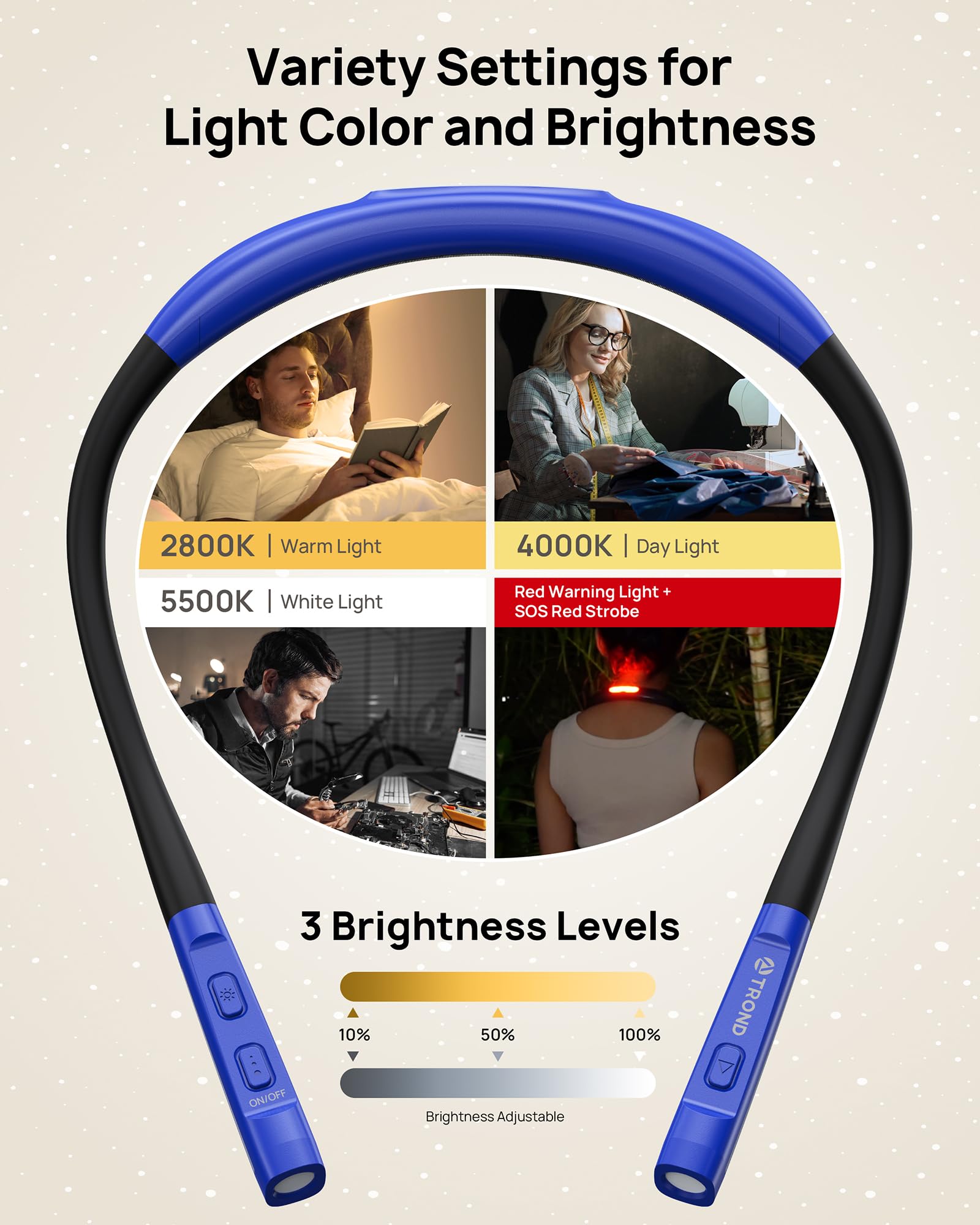 TROND LED Neck Reading Light, 3 Color Modes, 3 Brightness Levels, Rechargeable, Flexible Arm, Medium, Sapphire Blue, Model TD-RL01