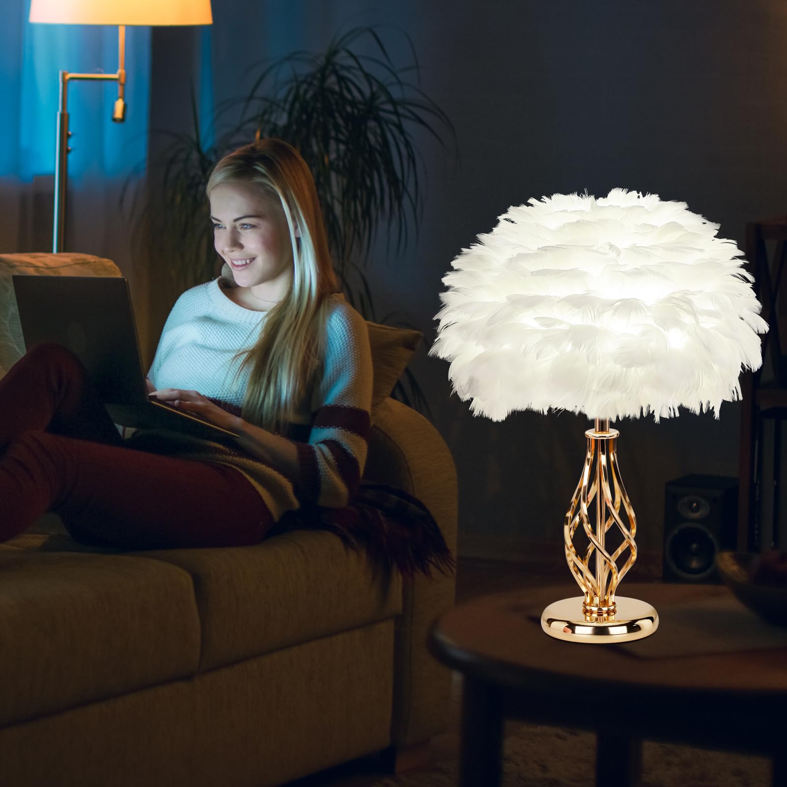 LINCWONZ Feather Table Lamp - Unique Golden Spiral Cage Base, 3-Color Temperature, 13.8in x 13.8in x 18in, White