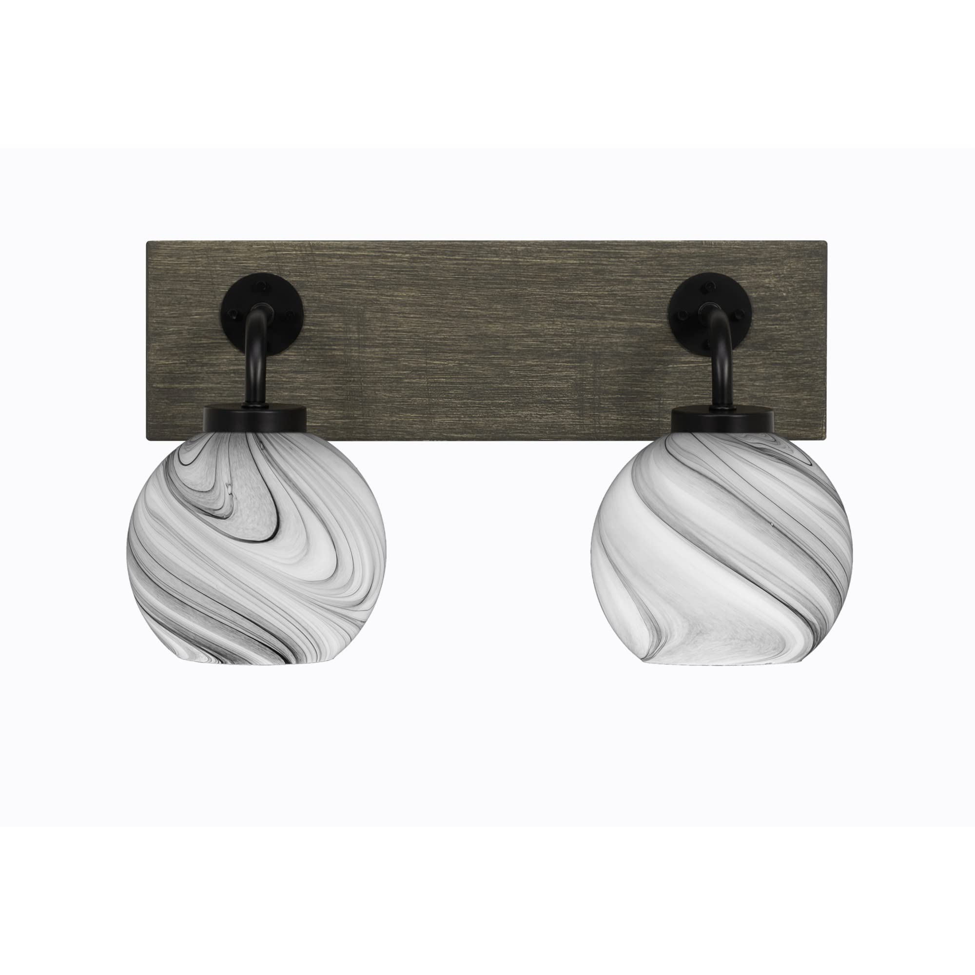 Oxbridge 2 Light Bath Bar In Matte Black & Painted Distressed Wood-Look Metal Finish With 5.75" Onyx Swirl Glass