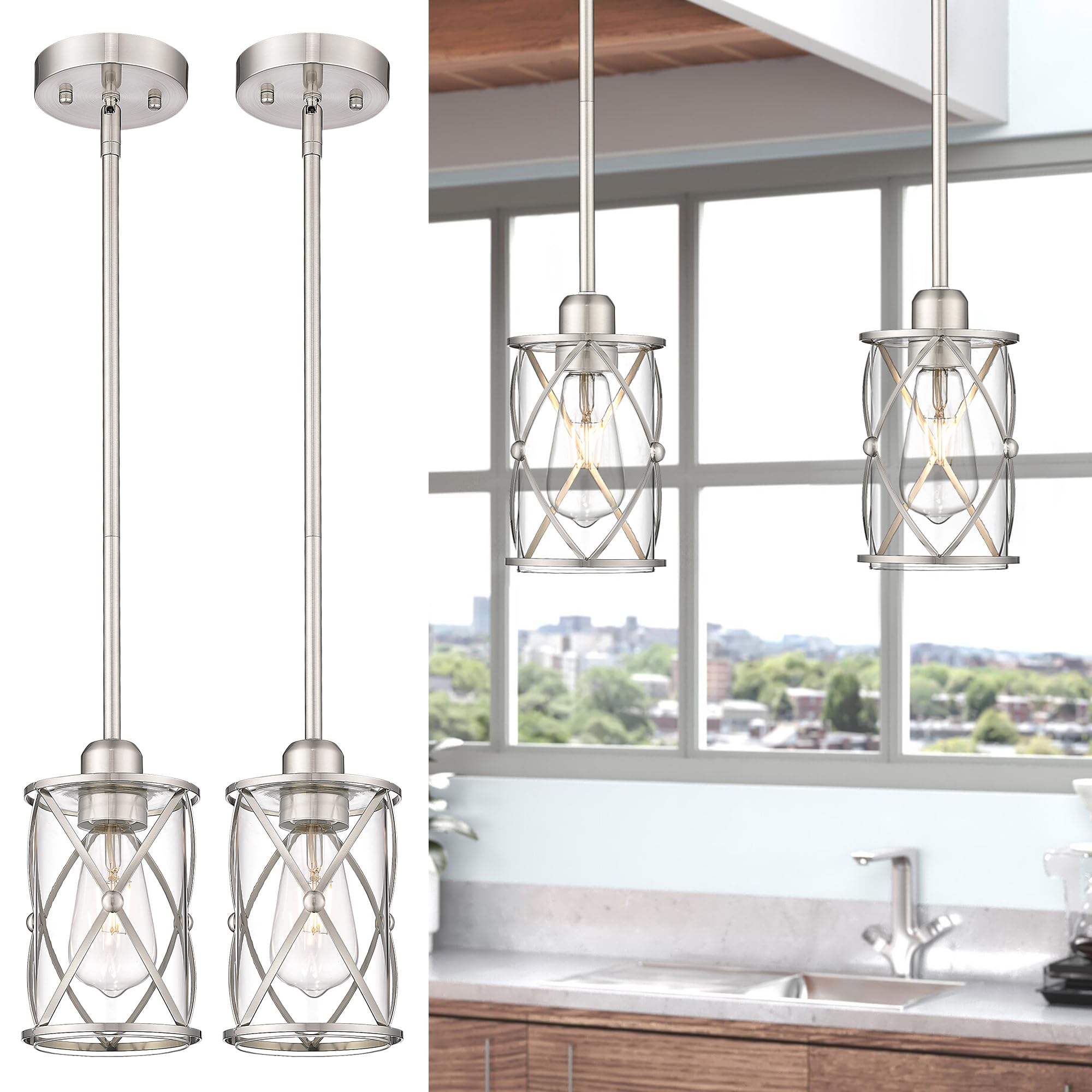 Osimir Brushed Nickel Mini Glass Pendant Lights 2 Pack For Kitchen Island, Dining Room, Bathroom