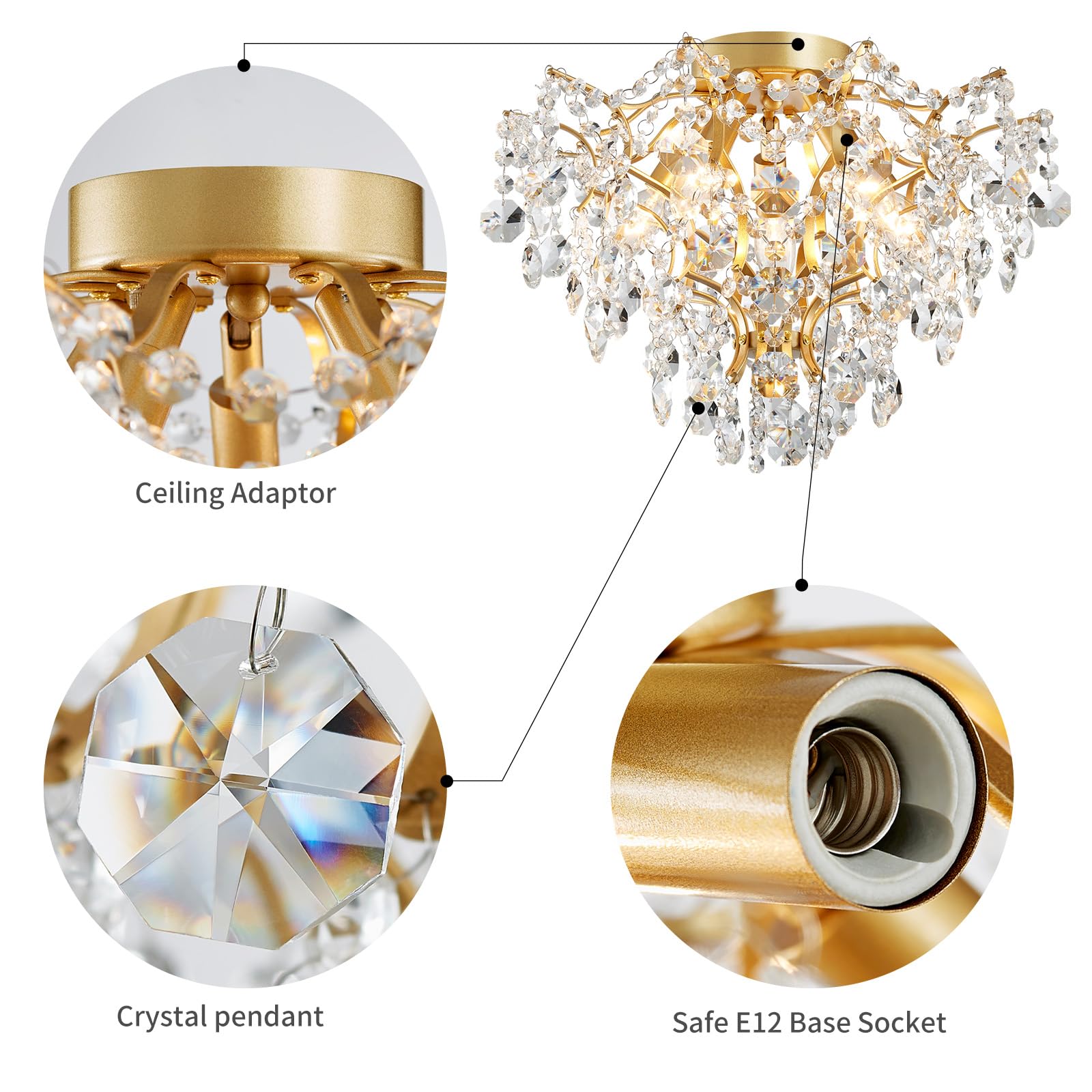 WUZUPS 5-Light Crystal Chandelier Flushmount Ceiling Light, 12" High, 15.4" Wide, Gold, Metal, Model EUHD-5511501GD