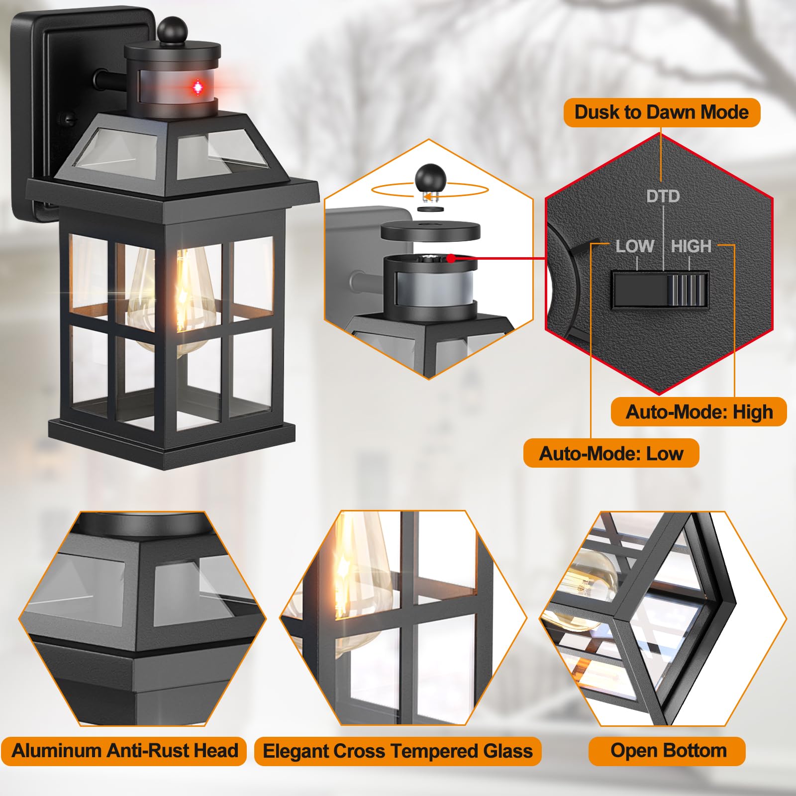 Roravilila Motion Sensor Outdoor Light Fixtures 2-Pack Upgraded, Anti-Rust Aluminum Outdoor Sconces Front Porch Lights Black Ext
