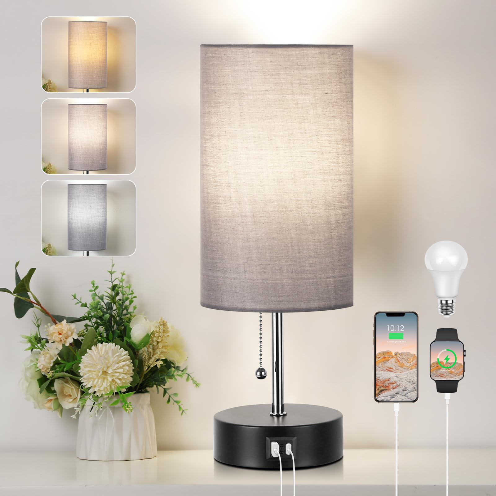 Rottogoon Bedside Lamp With Usb Ports, 3-Color Temperature, Metal, Smoke Gray, Led Bulb