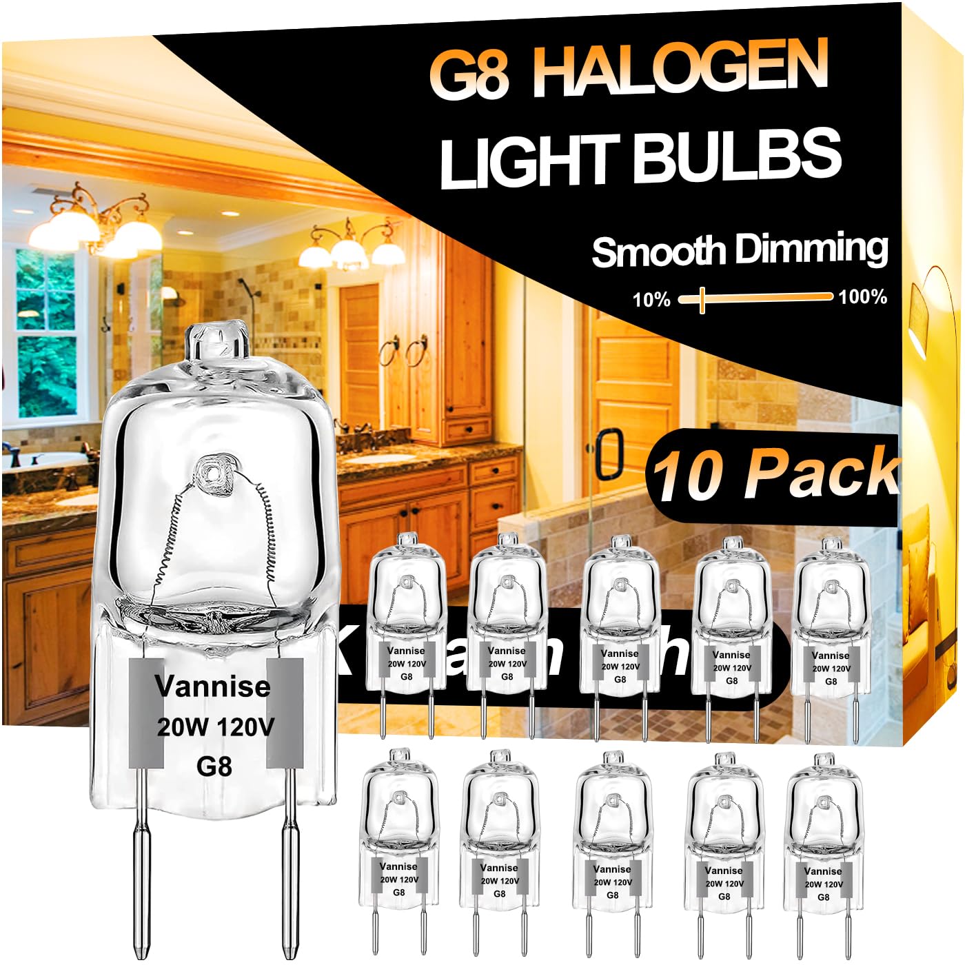 Vannise G8 Halogen Bulb 20W Warm White- 10 Pack Long Lasting G8 Bulb 120V 20W, Halogen Bulbs 2 Pin G8 Dimmable For Under Cabinet