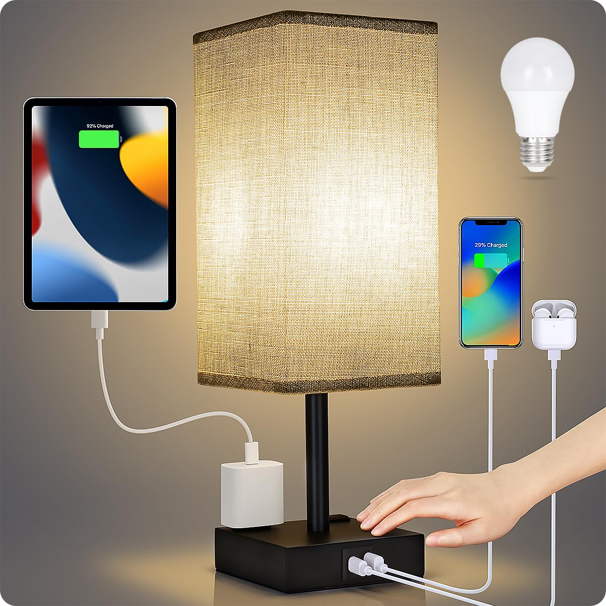 Soilsiu Bedside Lamp - Touch Control Table Lamp with USB C+A Ports, 3-Way Dimmable, 4.3" Width, Gray, LED Bulb Included, Model