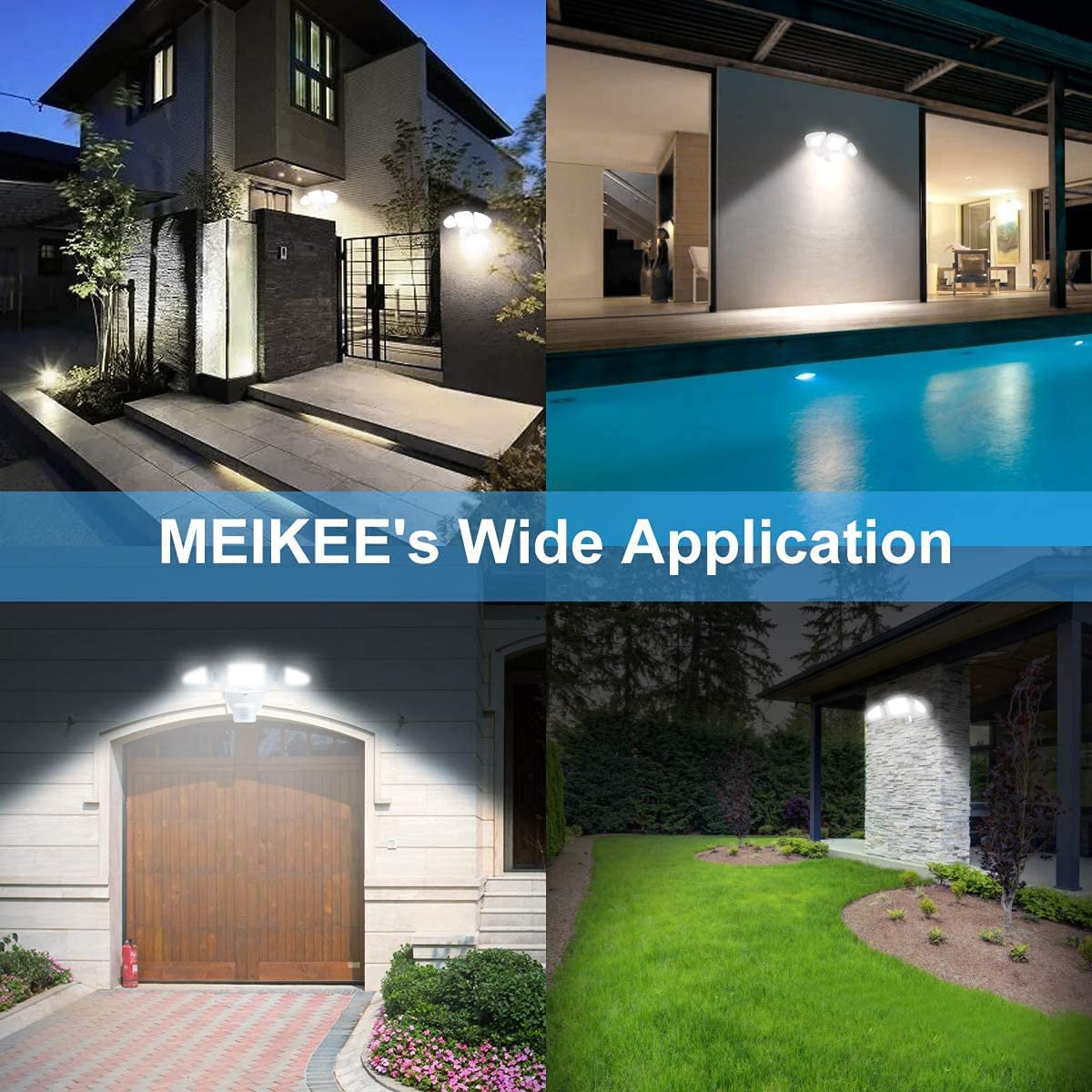 Meikee 42W Led Motion Sensor Flood Light, 3600Lm, 6500K, Ip65 Waterproof, White, 3 Adjustable Heads For Garage, Yard, Garden