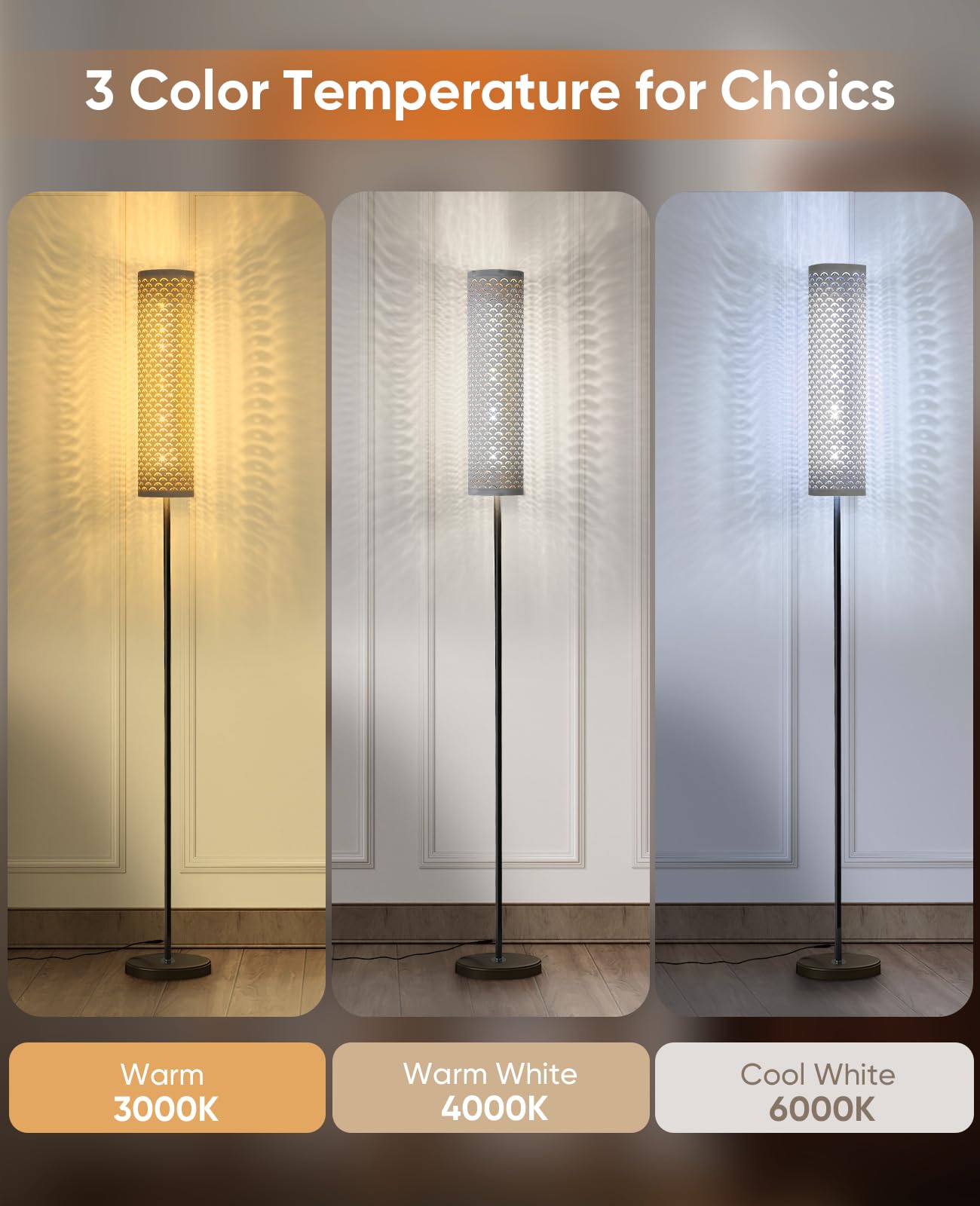 VOUTOOR Industrial Modern Floor Lamp, Dimmable, Remote Control, Fabric Shade, White, Model FL241007