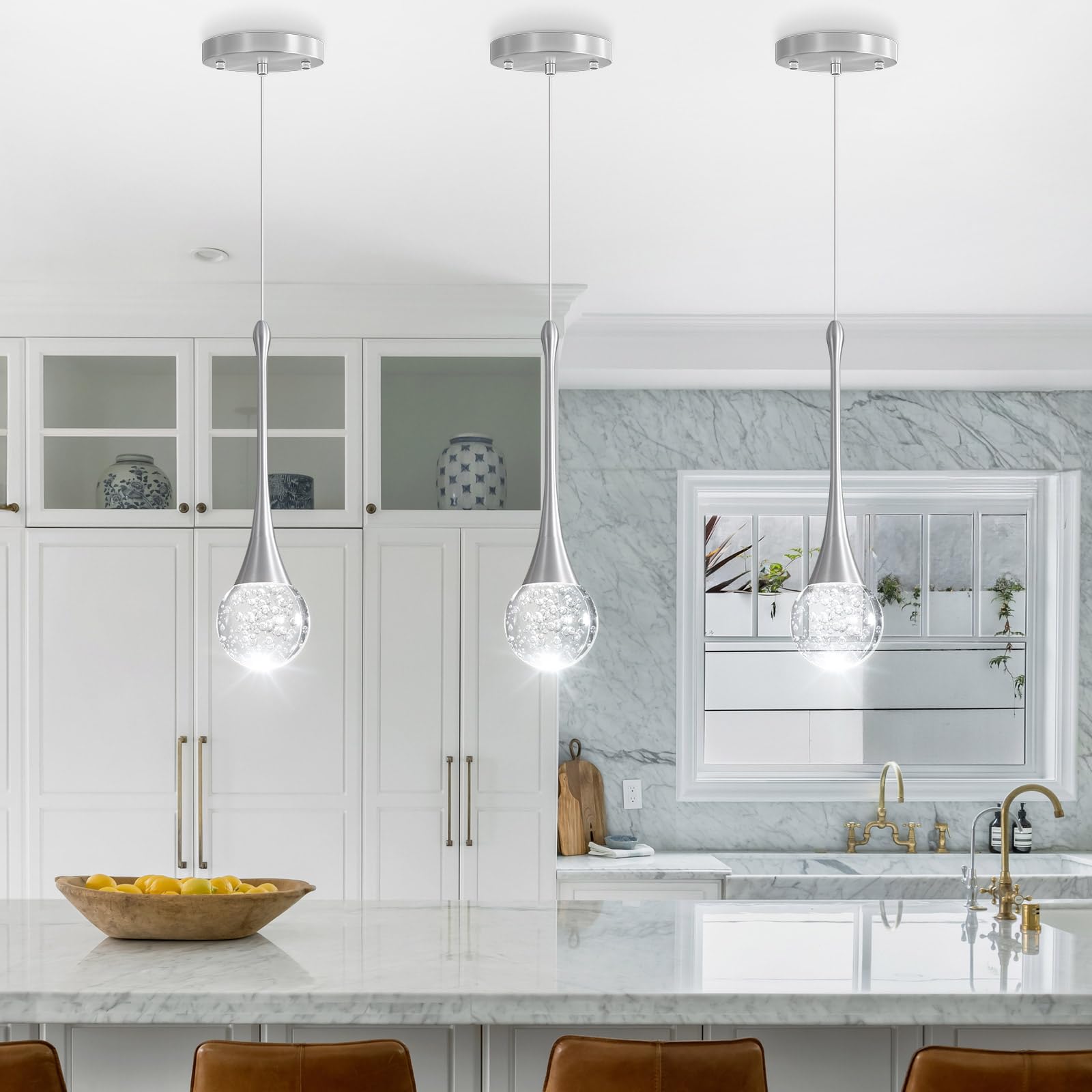 cenozo Modern Pendant Light - LED Dimmable Crystal Ceiling Lamp, 1 Light Round, Brushed Nickel, Ideal for Kitchen, Dining Room, Bedroom