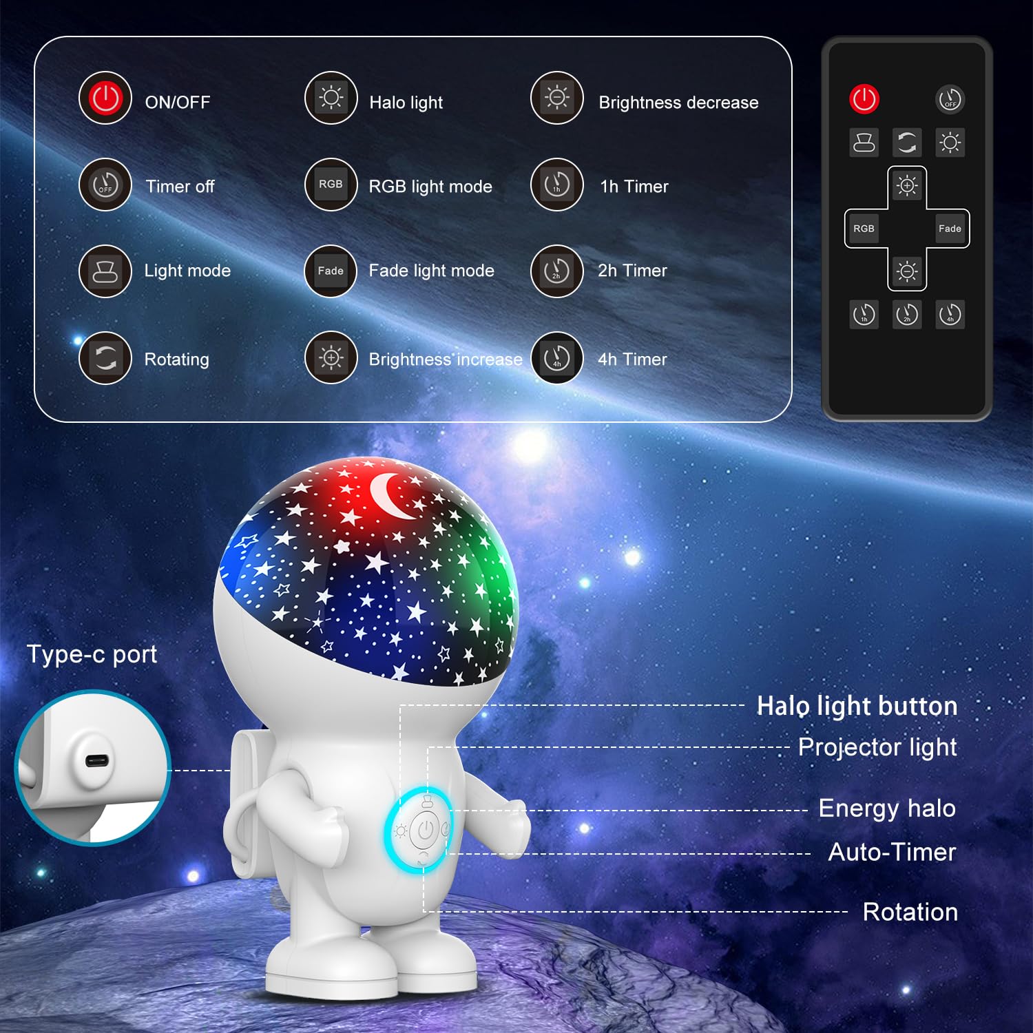 Night Light Projector,Night Light For Kids,Astronaut Star Projector With Timer,Remote, Adjustable Brightness,Energy Halo And 360