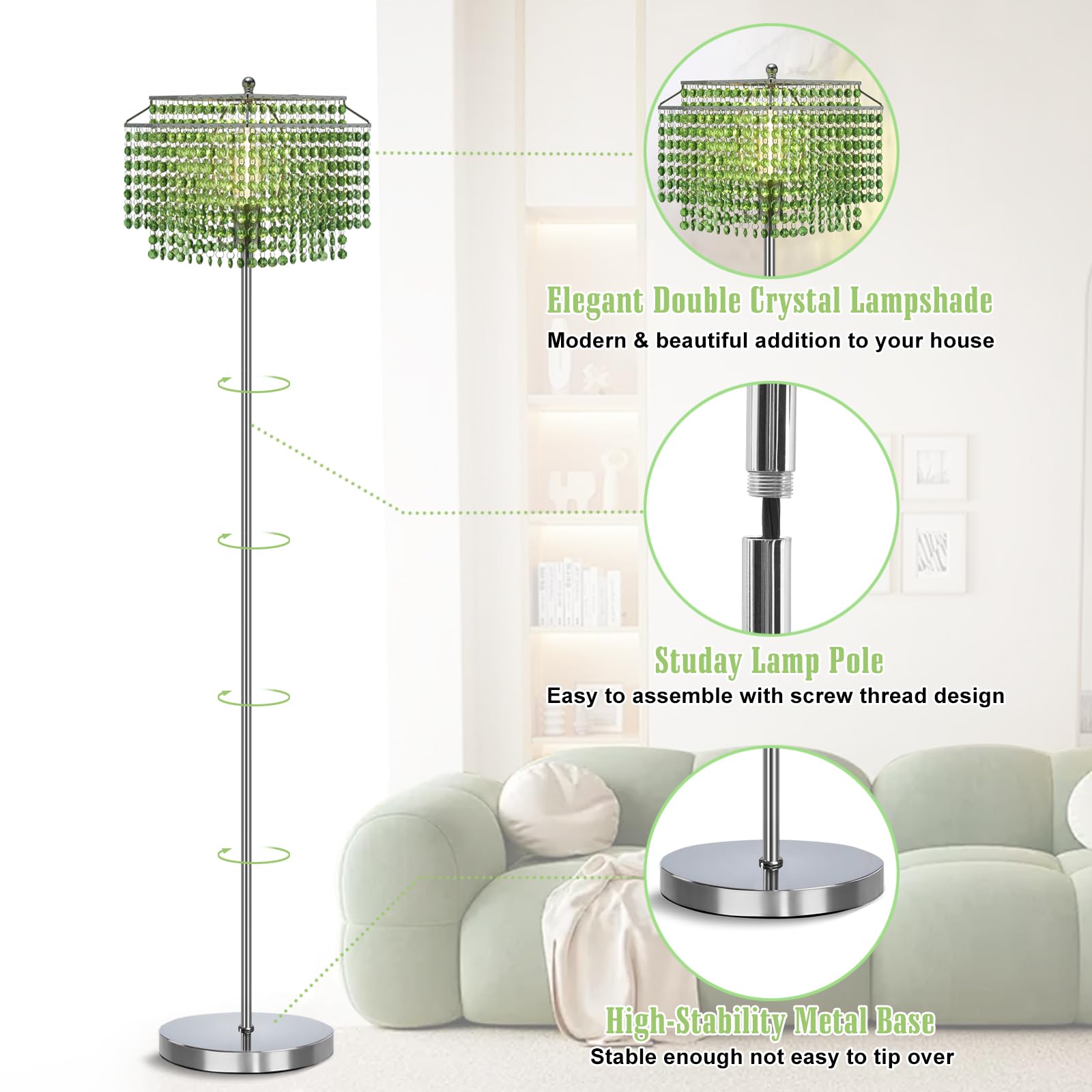 Crystal Floor Lamp, 64'' Tall Elegant Standing Lamp With On-Off Foot Switch, Silver Lamp With Green Double-Layer Crystal Lampsha