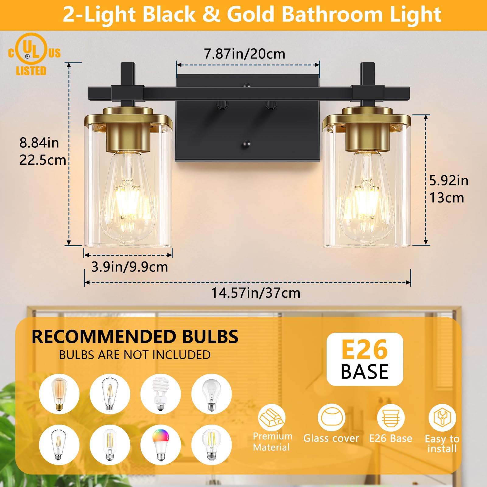 Spiglamm 2-Lights Black And Gold Bathroom Vanity Light, Bathroom Lights Over Mirror With Square Glass Shade And Metal Base, Vani
