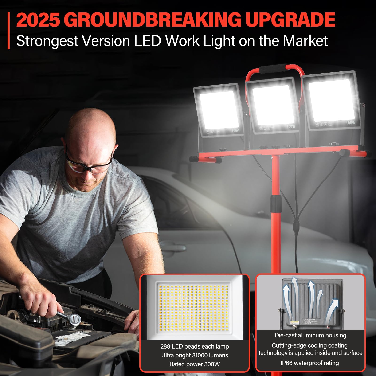 GoBright 31000LM LED Work Lights with Tripod, 3 Heads, IP66 Waterproof, 3000K/5000K/6500K Adjustable, Red, Model RV-A-