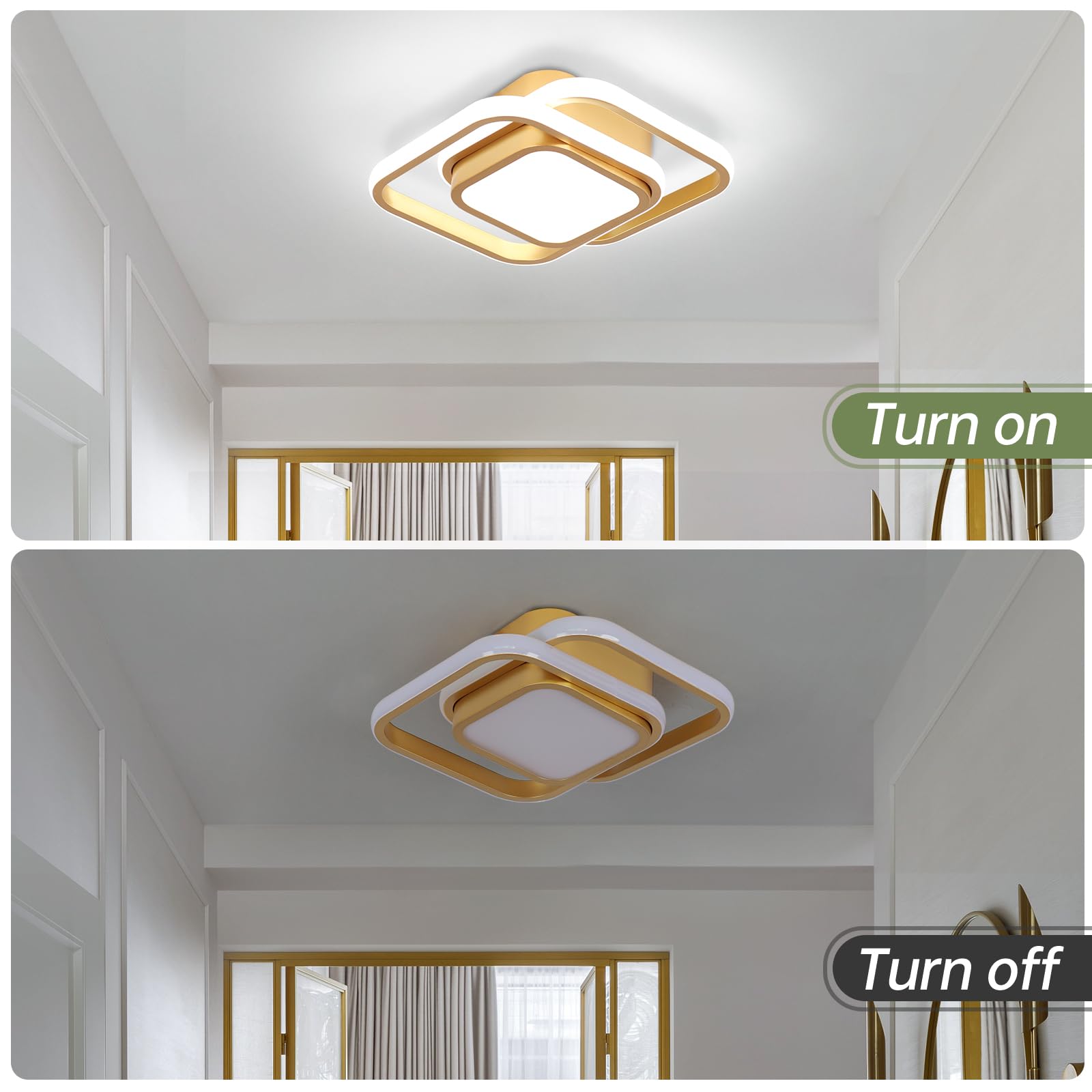 CANEOE Gold Ceiling Light, Modern Square Fixture, Cool White 6000K, Model GDD-32FGD-C, Ideal for Hallway, Bedroom, Kitchen