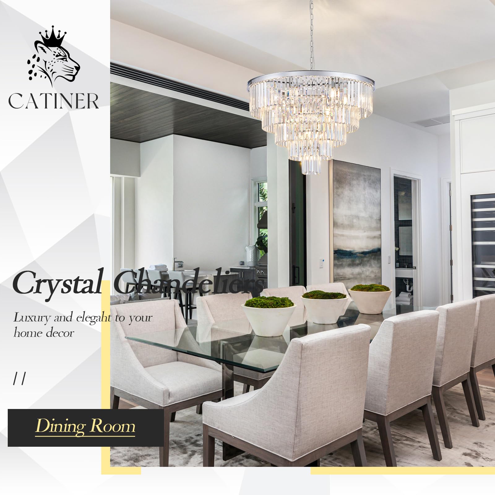CATINER Large Chrome Crystal Chandelier, 30” 5-Tier 16 Lights Pendant Lighting for Living Room, Dining Room, Foyer, Model 91-750C