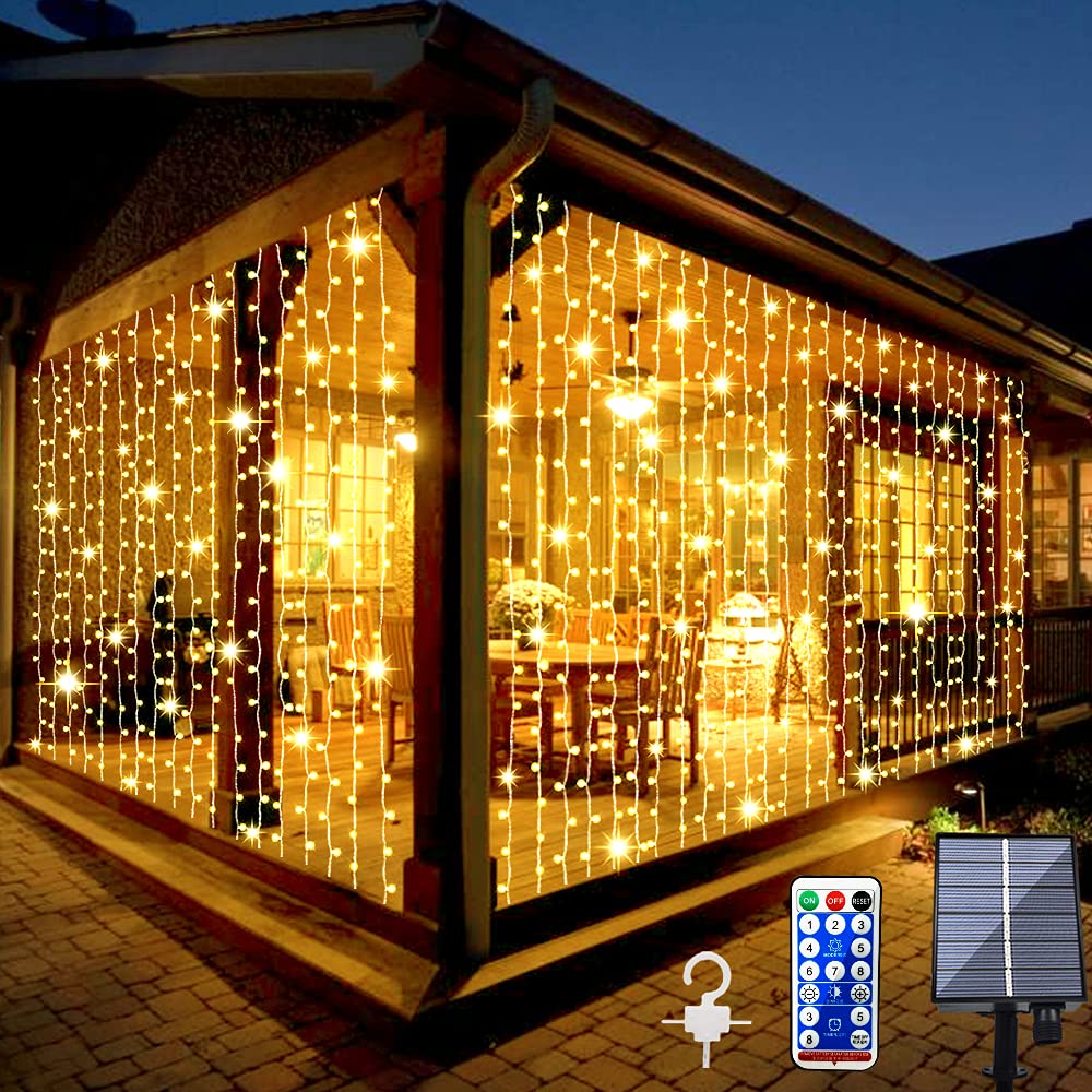 Whywhife Solar Curtain Lights 300 LED Waterproof Fairy String Lights, 8 Modes, 1 Pack, Warm Color for Outdoor Garden Decor